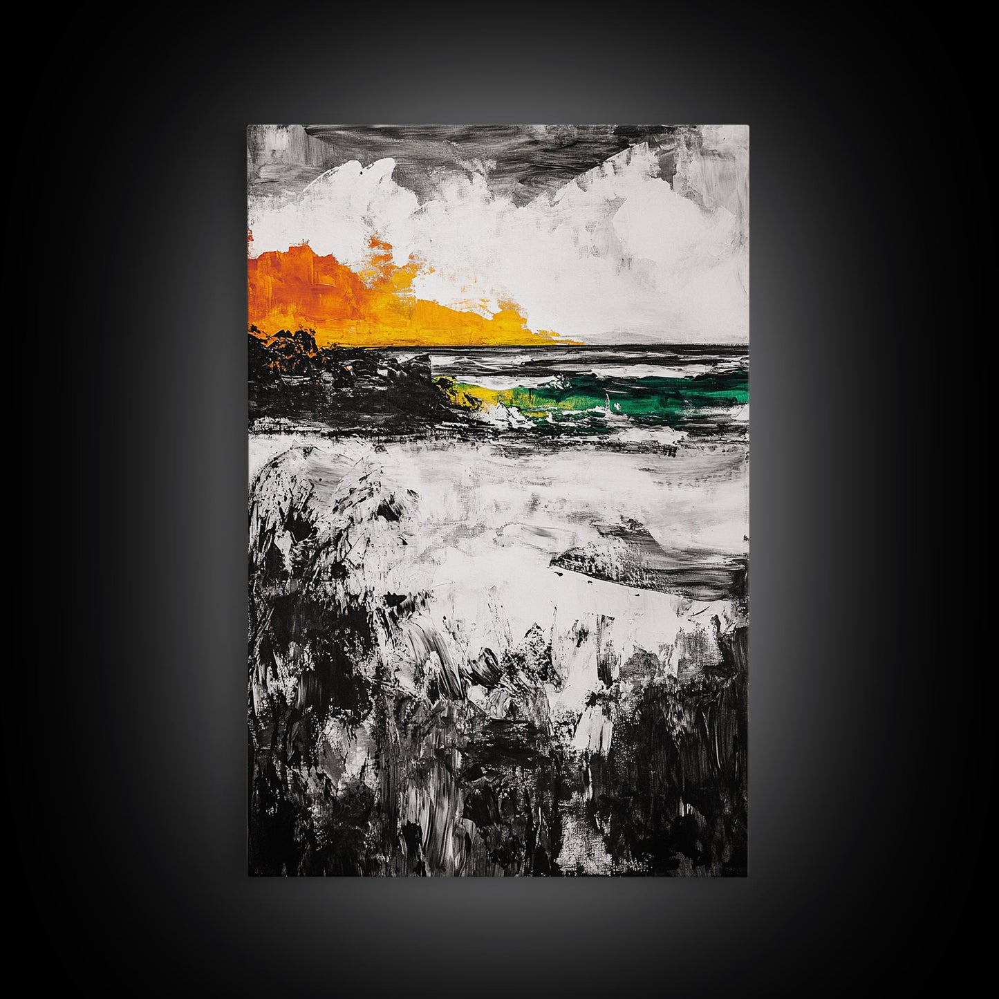 Sunset Waves, Coastal Painting, Ocean Sunset, Abstract Landscape, Framed Canvas Print, Nautical Art, Living Room Wall Art, Bold Color Art