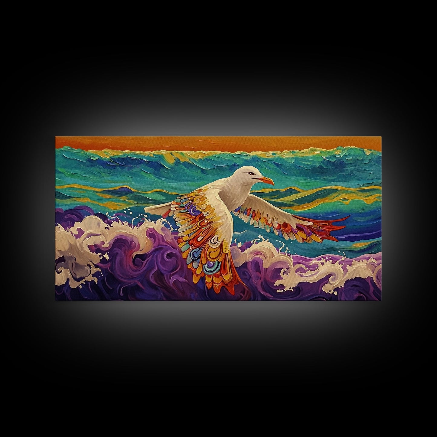 Seagull Ocean, Wings, Framed Canvas Print, Whimsical Bird Wall Art, Nautical Coastal Decor, Colorful Beach Painting, Boho Wall Art