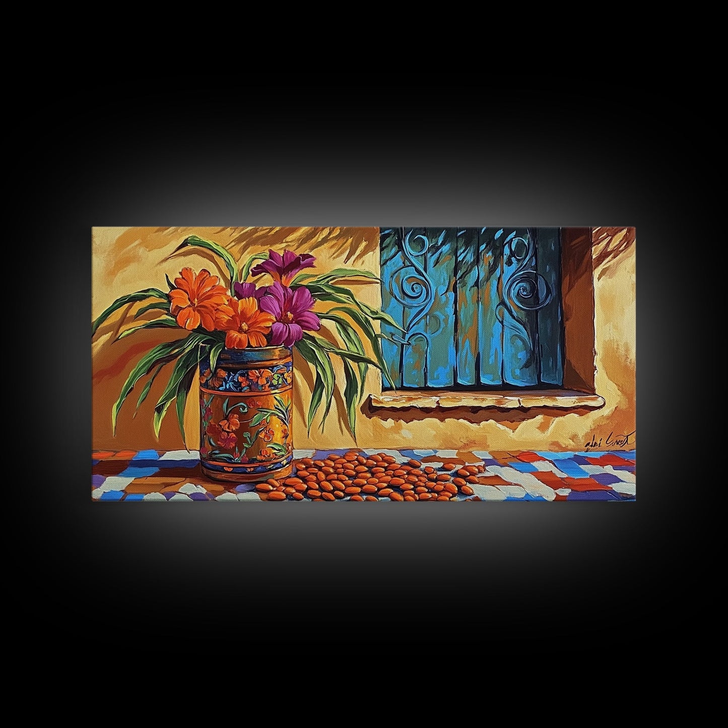 Flowers Pottery, Window, Still Life, Canvas Print, vibrant floral still life wall art, Mexican pottery, rustic kitchen décor