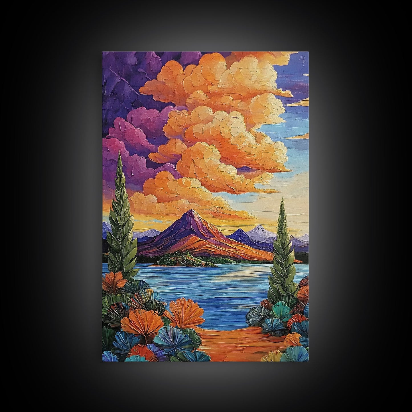Mountain Lake, Cloudscape, Reflection, Framed Canvas Print, Bold sunset wall art, vibrant color landscape, Cabin or Living Room Wall Art