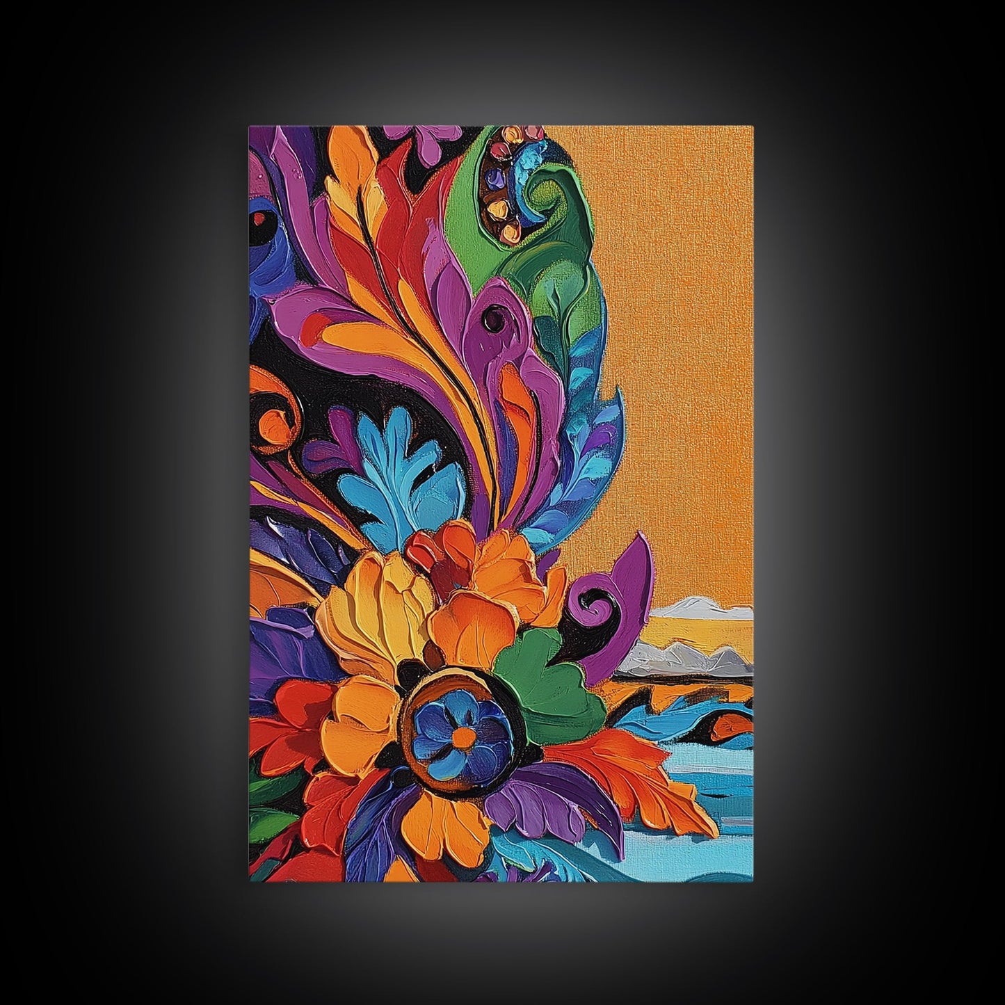 Fiesta Flower, Southwest Pattern, Mexican Style, Bright Floral, Framed Canvas Print, Kitchen Wall Art, folk boho art, vibrant decor