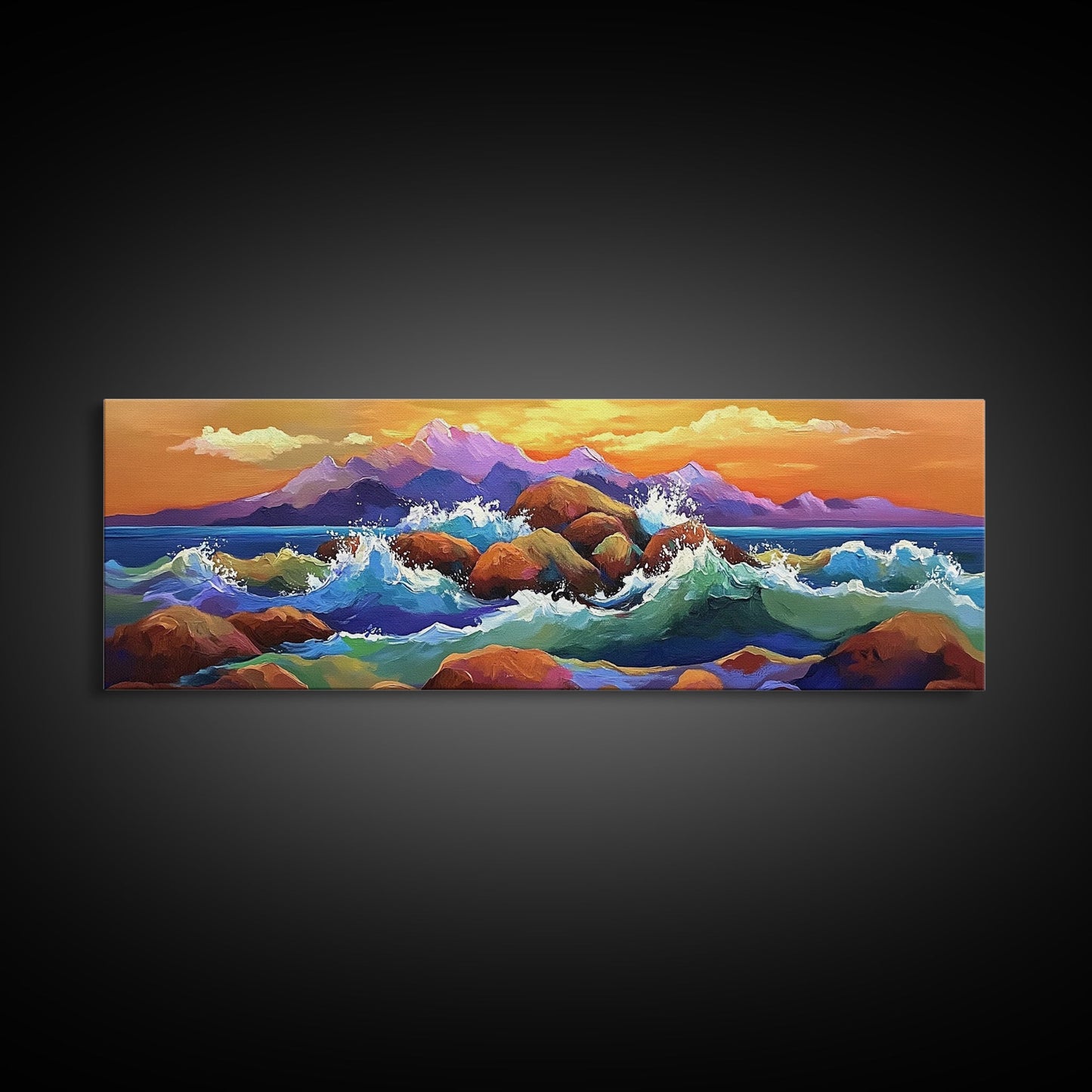 Coastal Rocks Waves, Sunset Ocean Painting, Colorful Seaside View, Framed Canvas Print, Nautical Wall Art, Living Room Decor