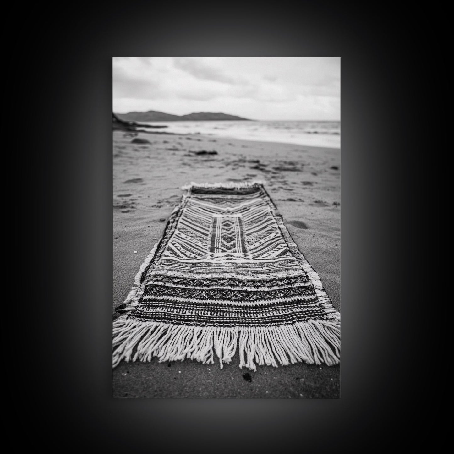 Woven Rug Beach, Bohemian Escape, Textile Texture, Black and White Canvas Print, Boho Bedroom or Yoga Studio Wall Decor