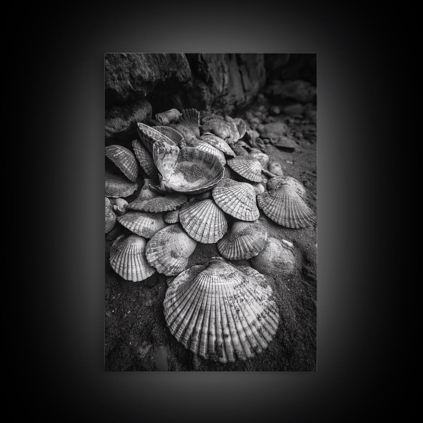 Seashell Pile, Textured Beach, Coastal Treasures, Natural Beauty Framed Canvas Print, bathroom decor, shell art, beach wall style
