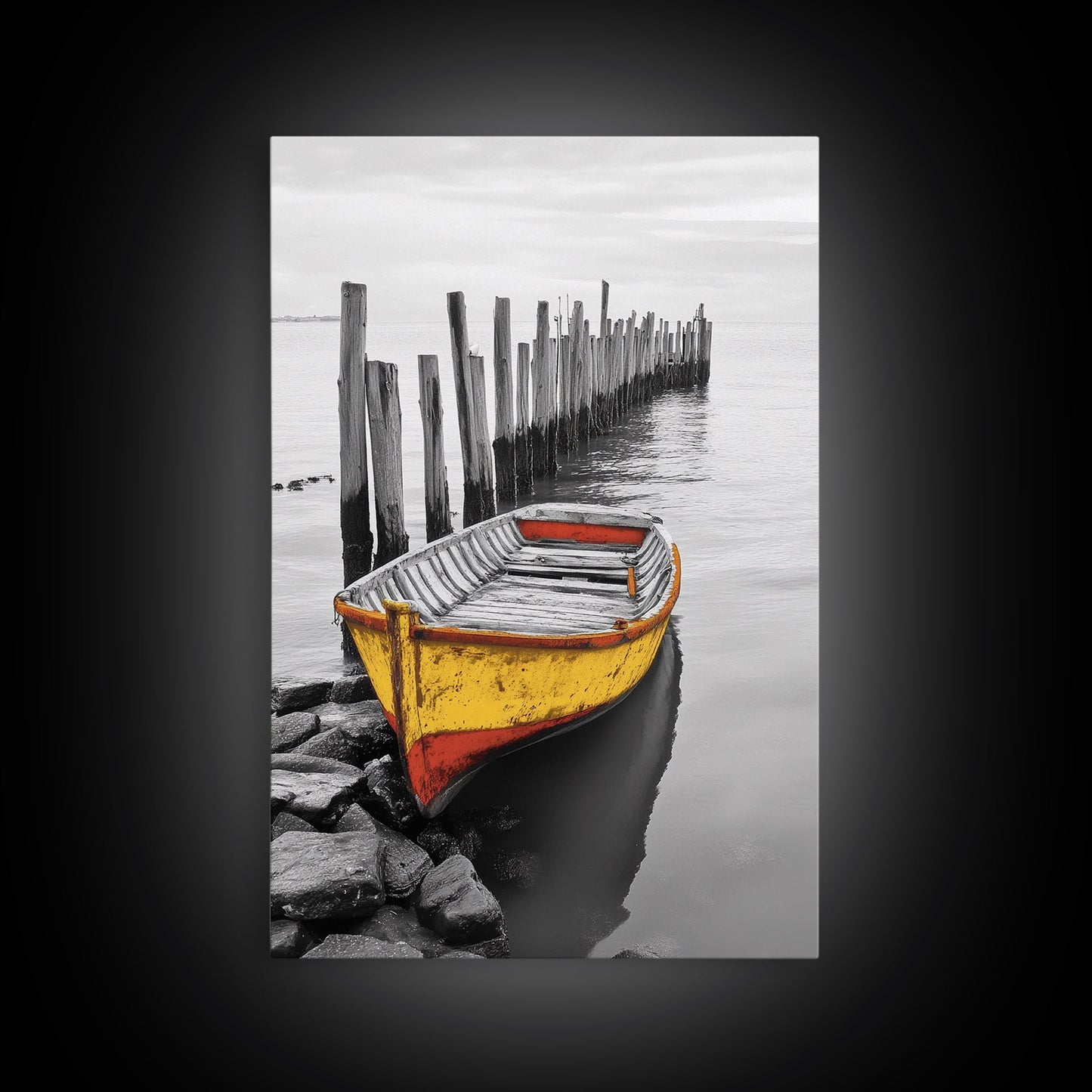 Yellow Rowboat, Coastal Mood, Pier View, Nautical Nostalgia, Framed Canvas Print, Beach House Wall Art, Rustic Seaside Decor
