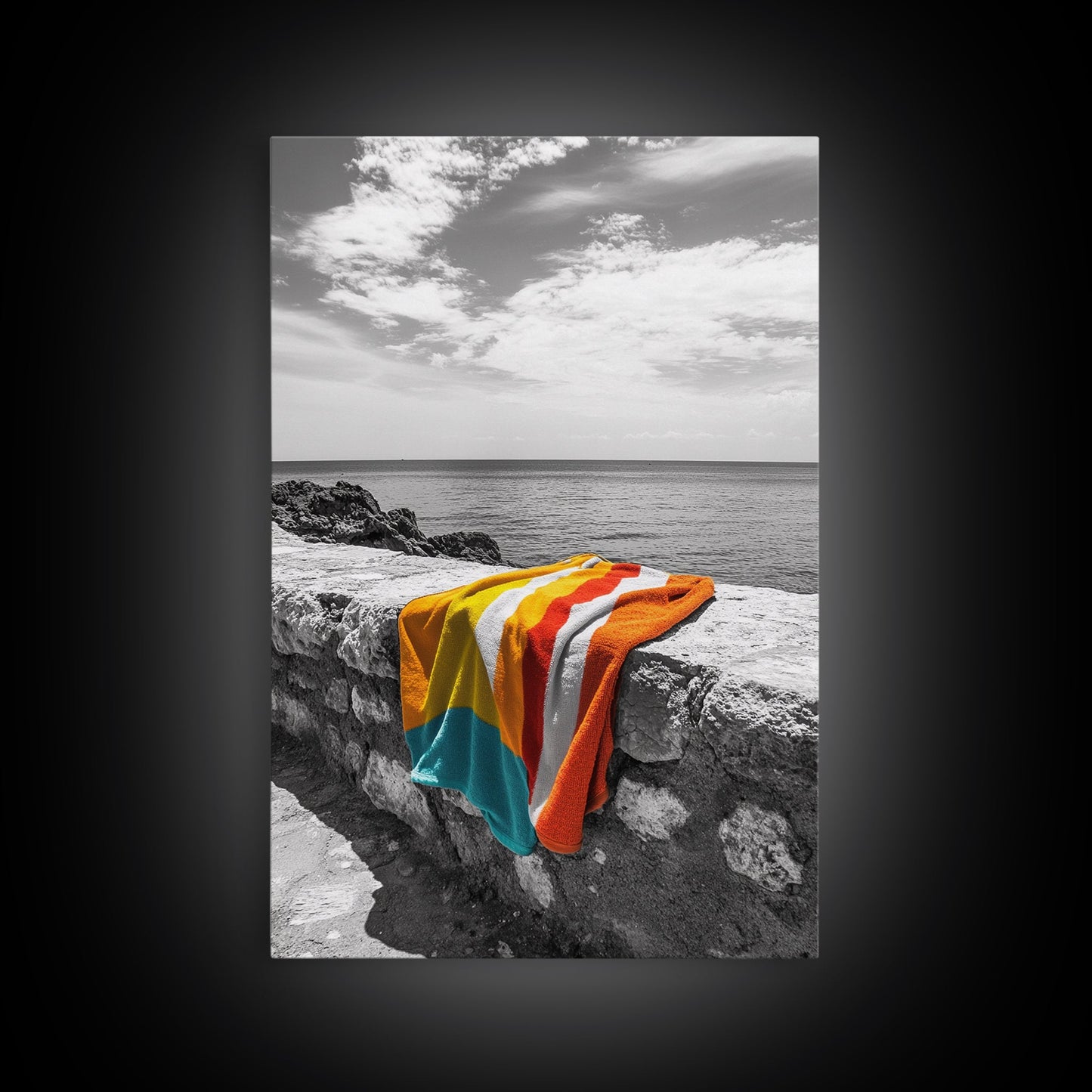 Colorful Towel, Coastal Vibes, Seaside Style, Bold Decor, Framed Canvas Print vibrant beach towel photo, bathroom wall art, summer art