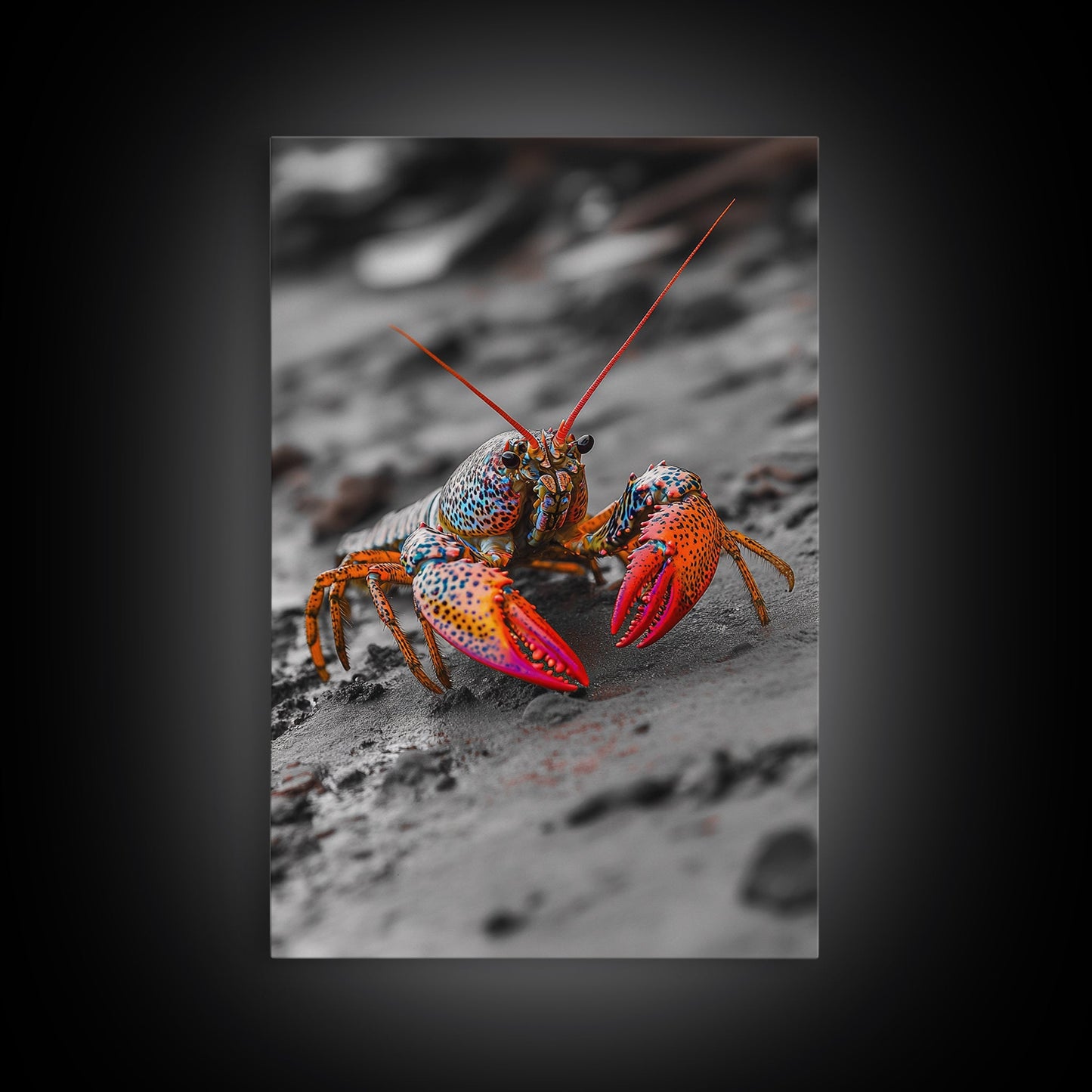 Colorful Lobster, Beach Wildlife, Close-Up Macro Art, Framed Canvas Print, Kitchen Wall Art, Coastal Marine Decor, Vibrant Style