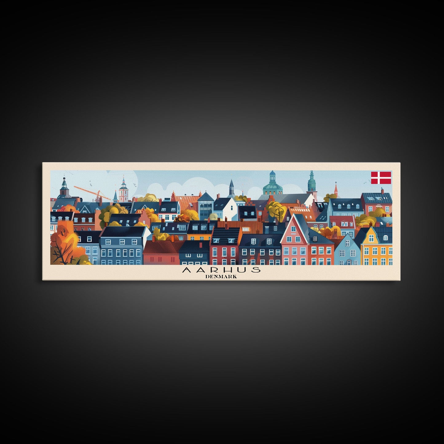 Aarhus Denmark Panoramic Travel Poster, Framed Canvas Print or Metal Wall Art, Travel Art, Home Decor, Panoramic Painting, Midcentury Art