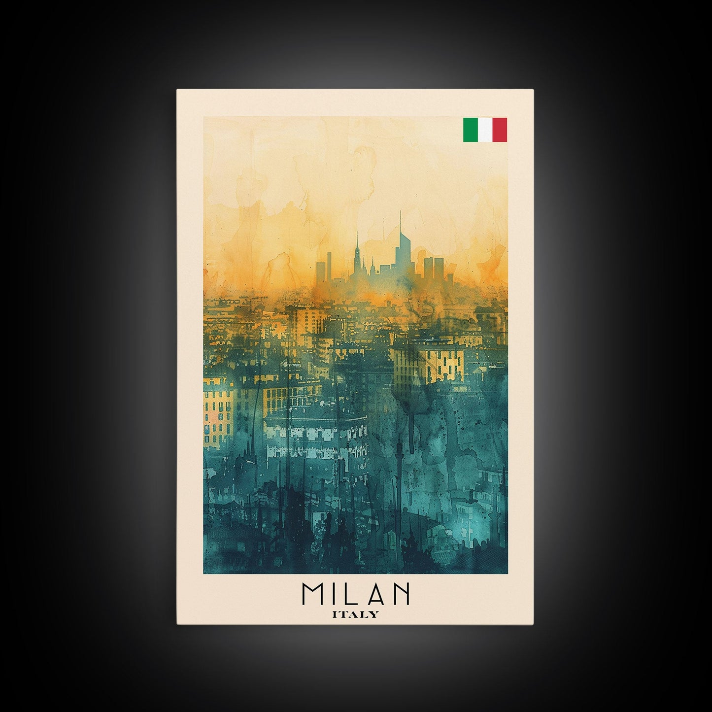 Milan Italy Travel Poster Framed Canvas Print, Iconic Landmarks, Urban Art, Wall Hanging, Home Decor, Travel Print, Artistic Gift