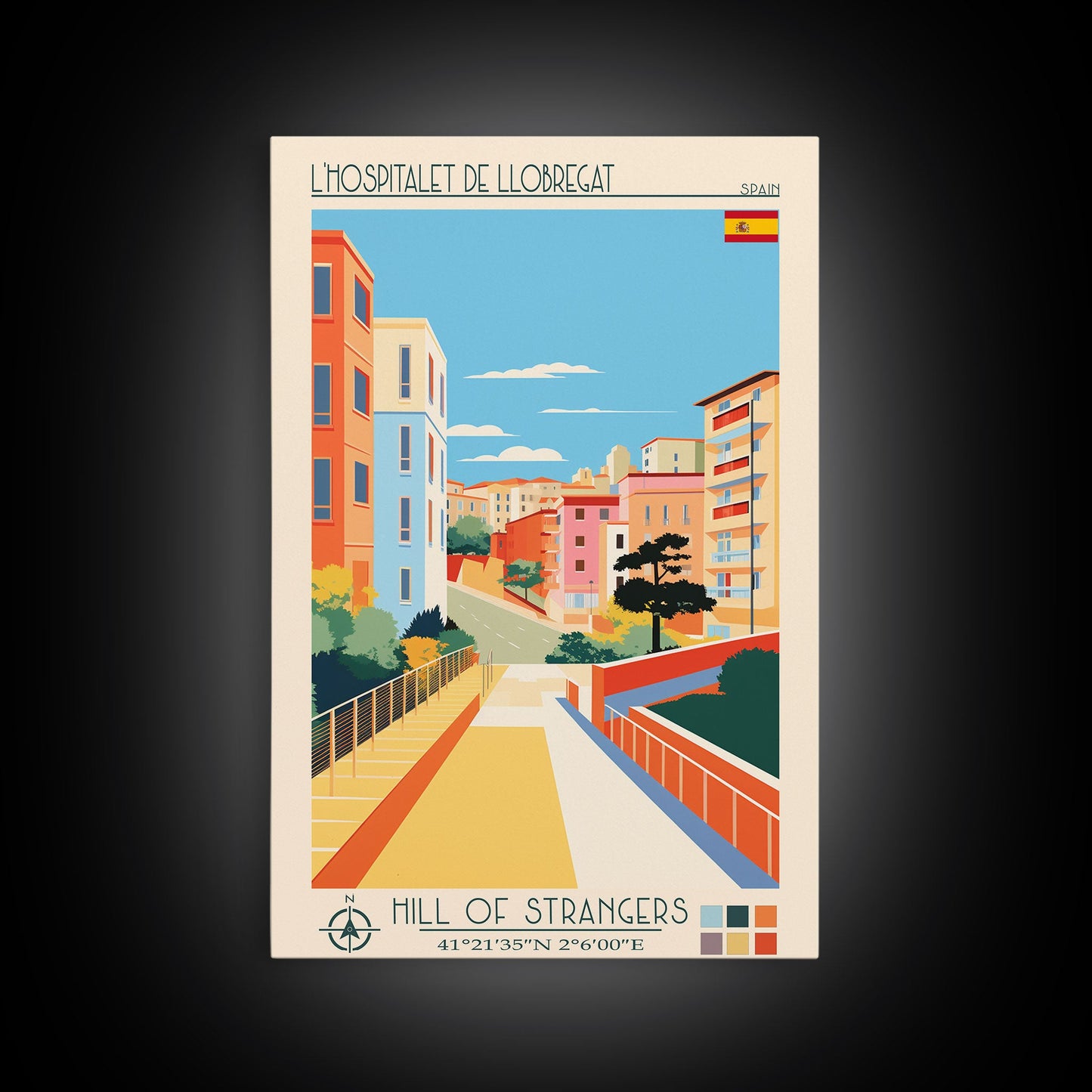 L'Hospitalet de Llobregat Spain Travel Poster Framed Canvas Print, Midcentury Modern Art, Pop Art Wall Decor, Home Decor, Vacation Gift, Office Art