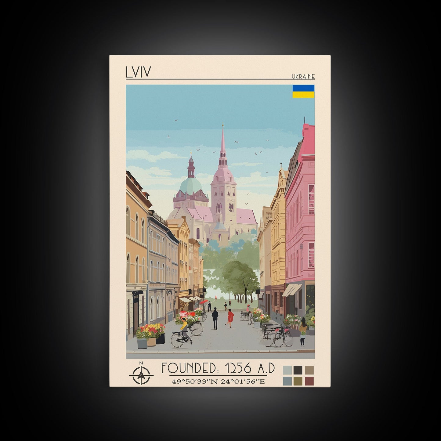 Lviv Ukraine Travel Poster Framed Canvas Print, Wall Decor, Midcentury Modern Art, Pop Art, Scenic Art for Home and Office