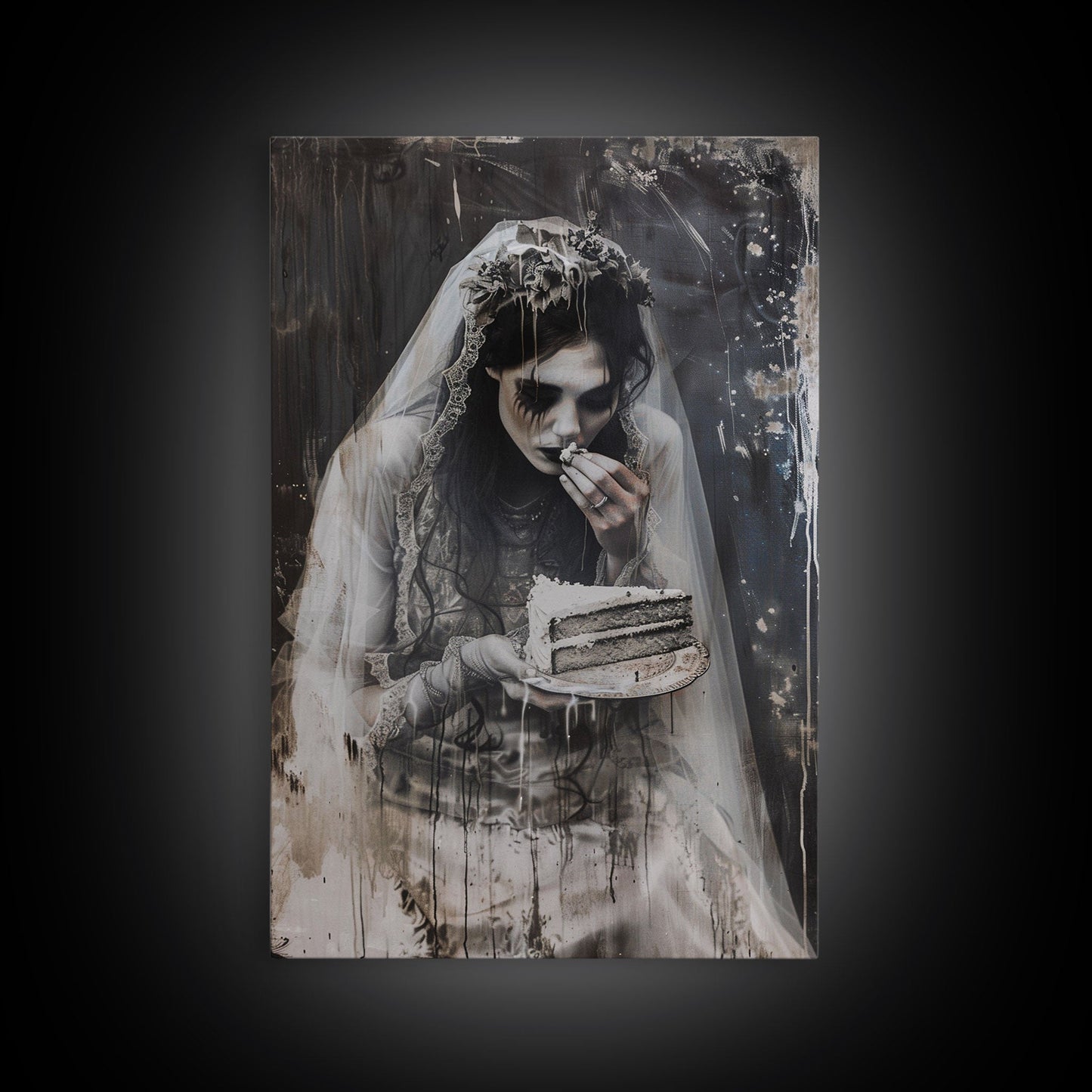Melancholic Ghost Bride Having A Slice of Birthday Cake, Framed Canvas Print, Halloween Decor