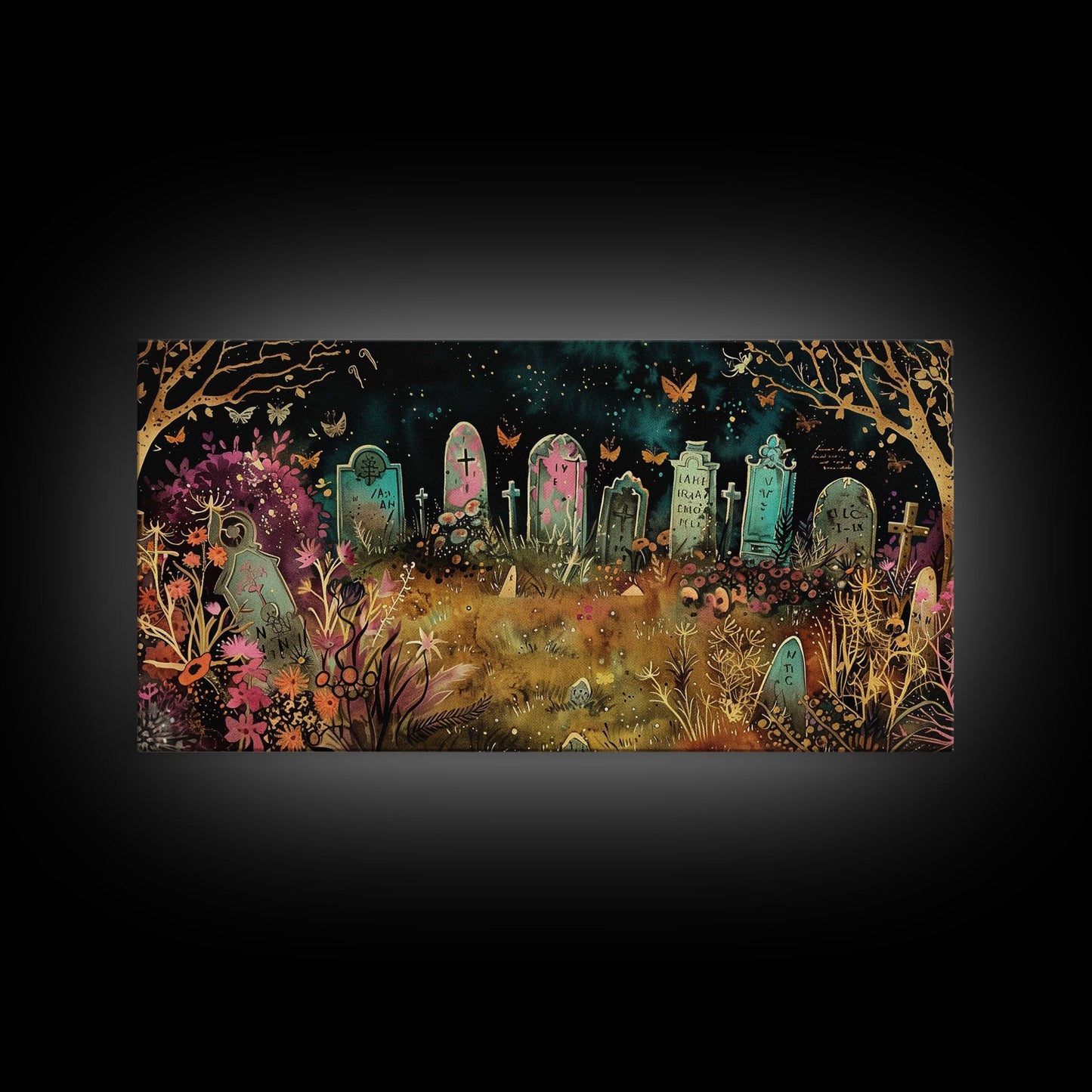 Colorful Haunted Grave Yard In The Spring Time, Framed Canvas Print, Spooky Wall Art, Halloween Spooky Season Decor