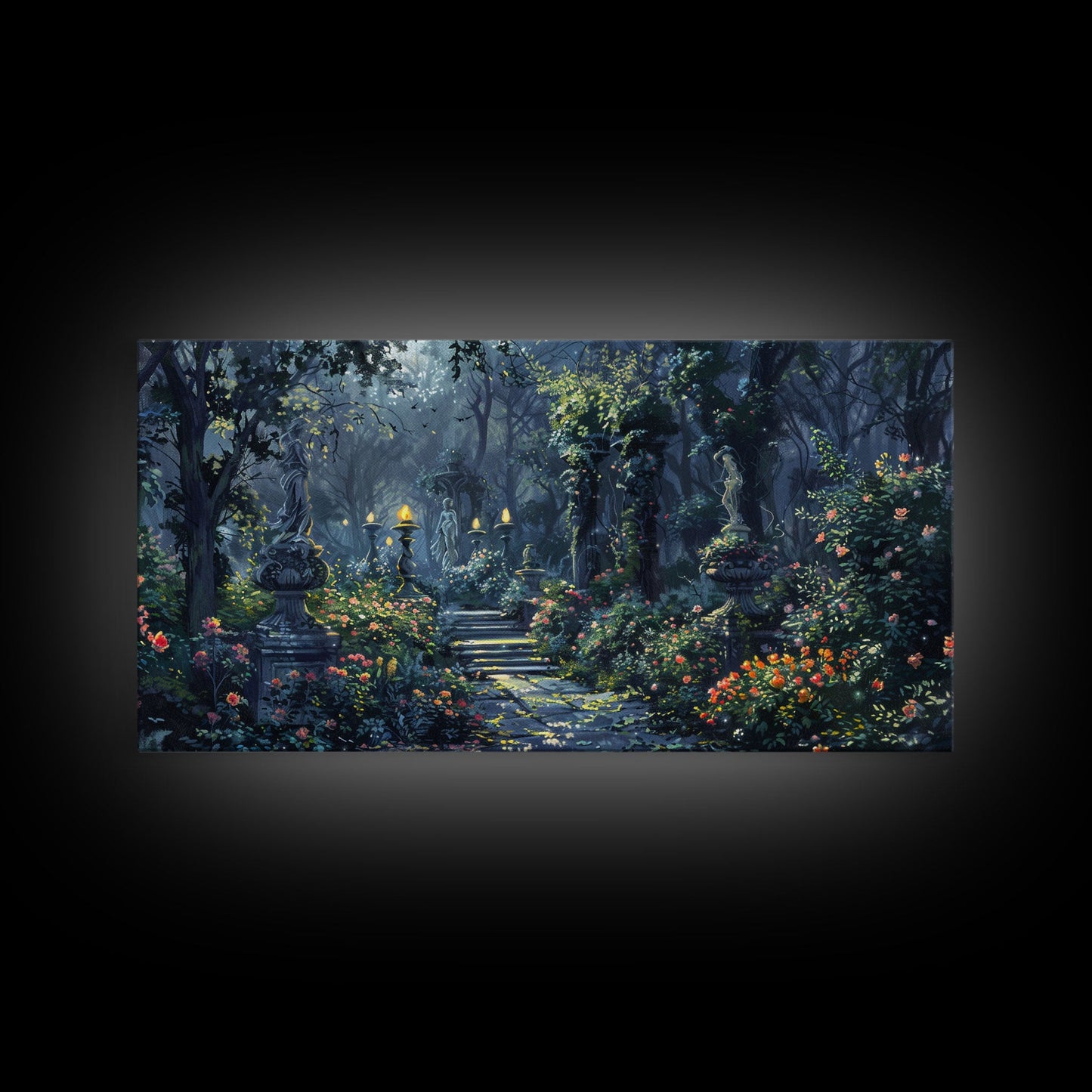 Creepy Victorian Hedge Maze, Haunted Cemetary Framed Canvas Print, Spooky Season Wall Art