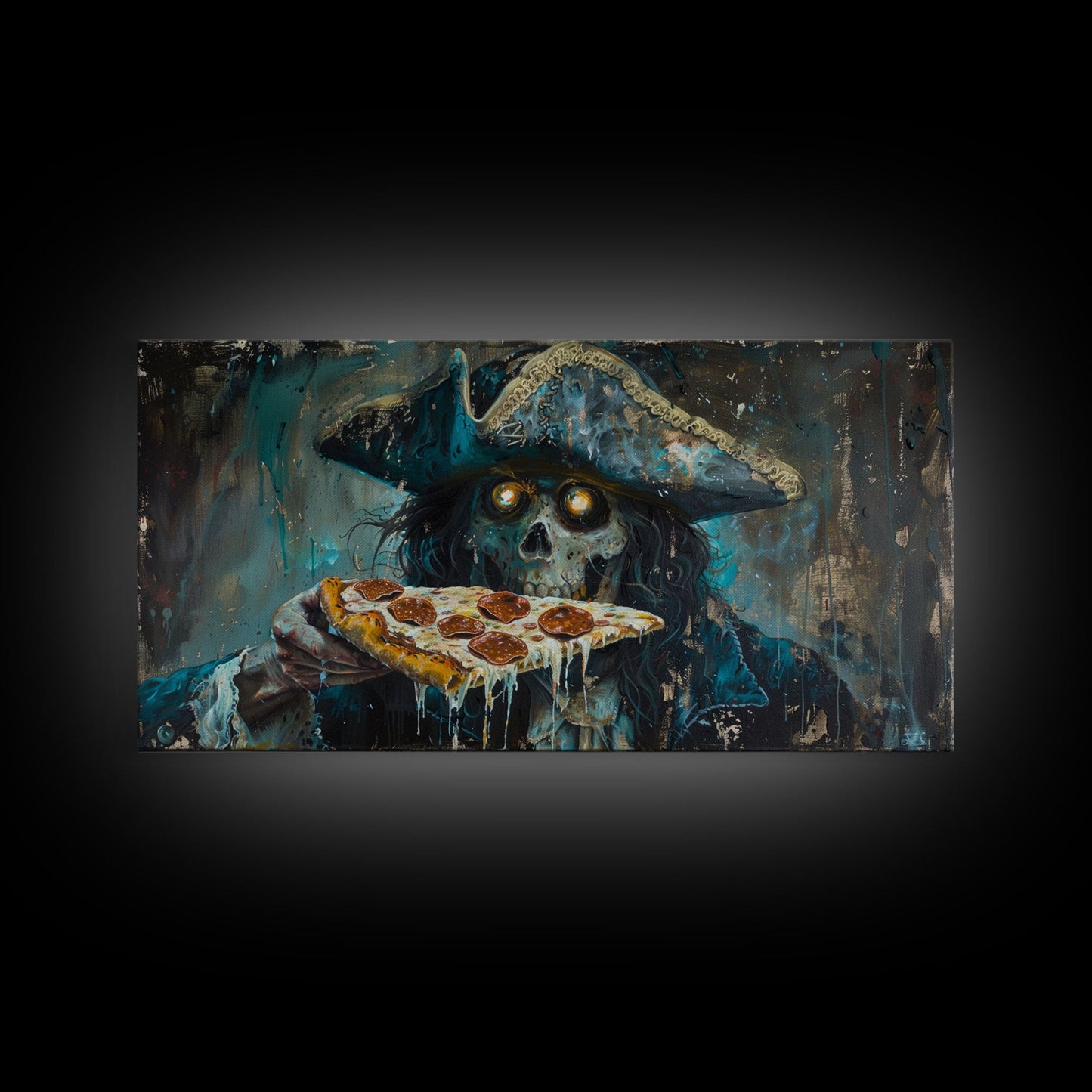 Spooky Pizza Pirate, Framed Canvas Print, Ghostly Pirate Havin a Slice of Pizza, kinda funny idk