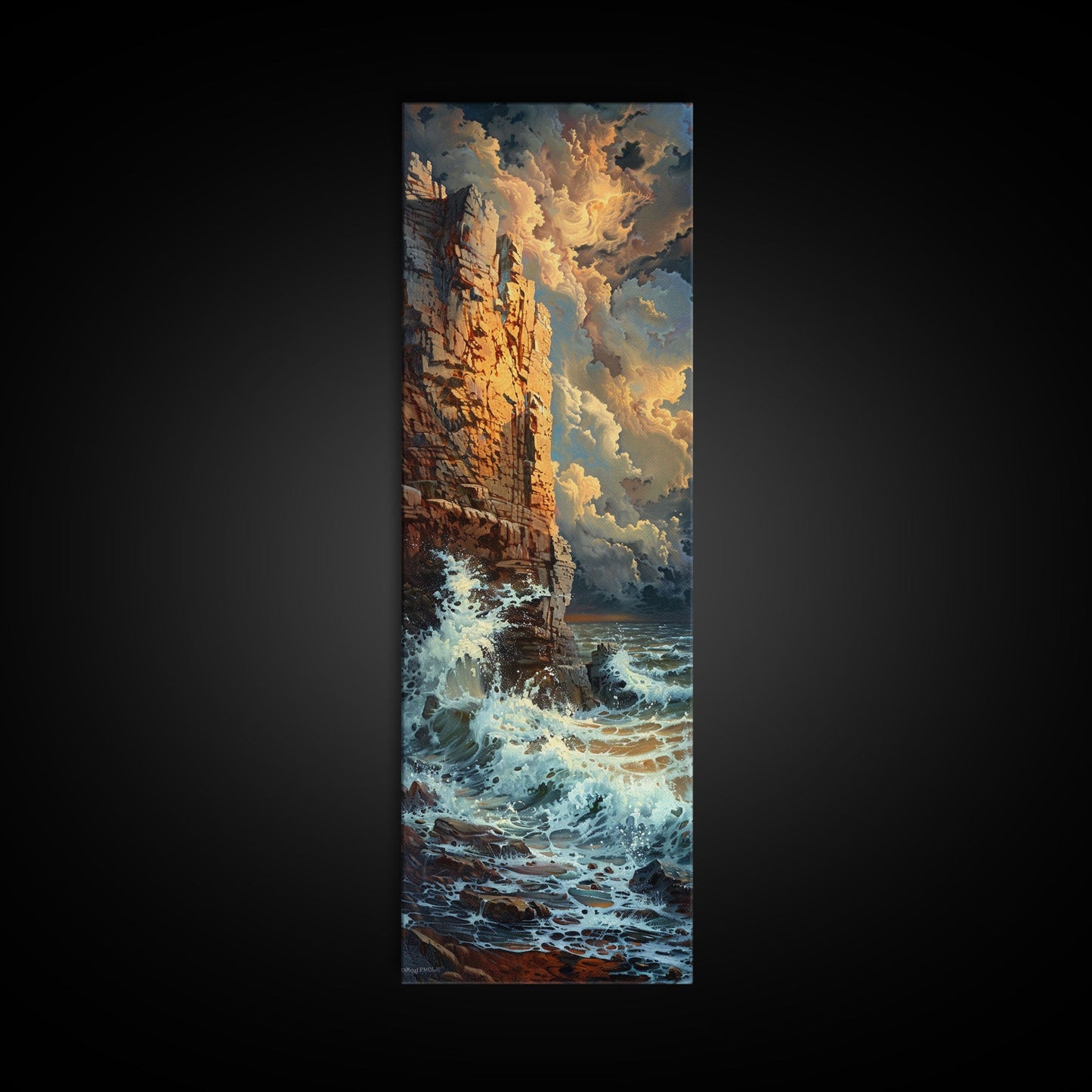Majestic Cliffside and Crashing Waves in a Coastal Landscape on a Framed Canvas Print Tall Art Piece