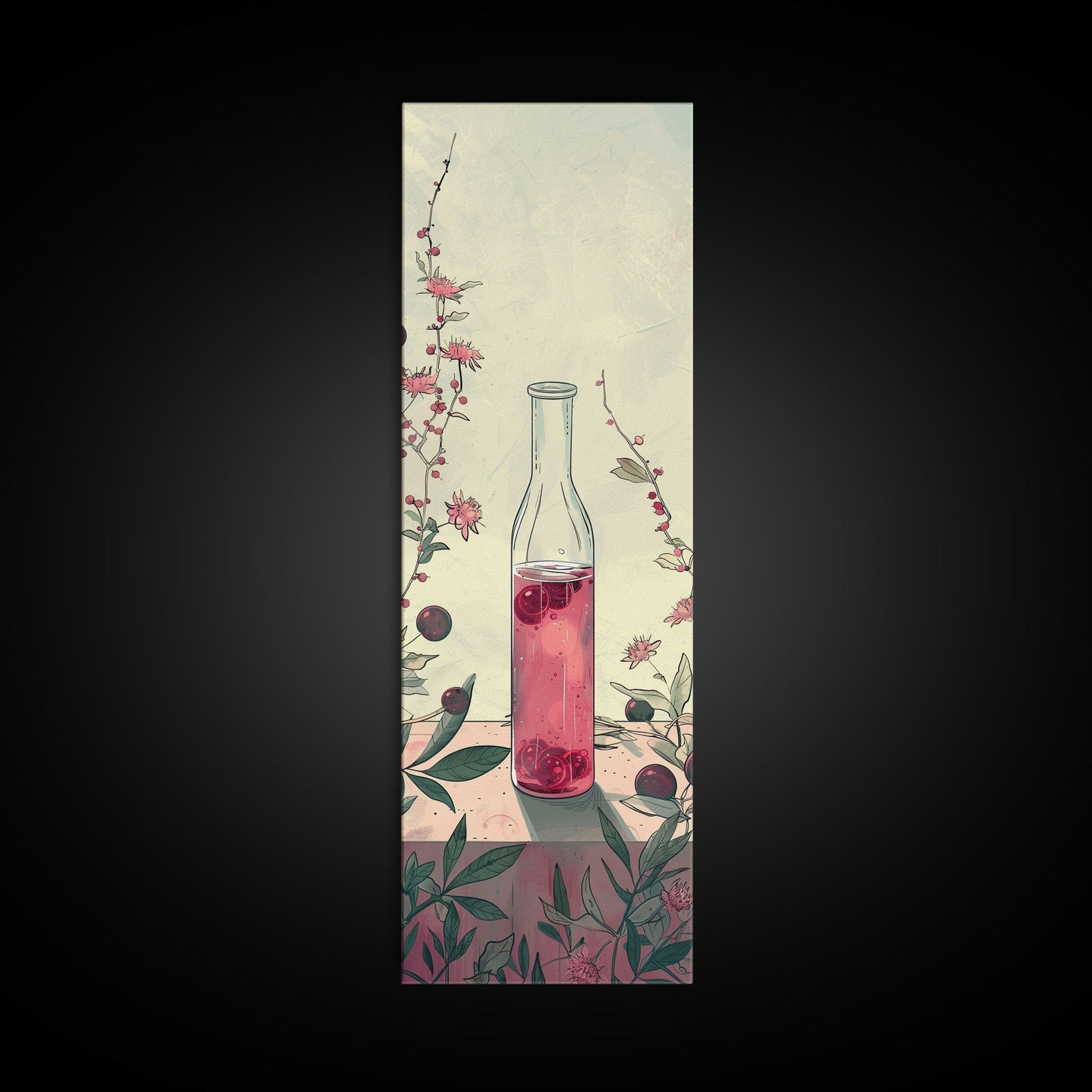 Skinny Art of Still Life with Elegant Glass Bottle and Floral Accents – Japanese-Inspired Framed Canvas Print