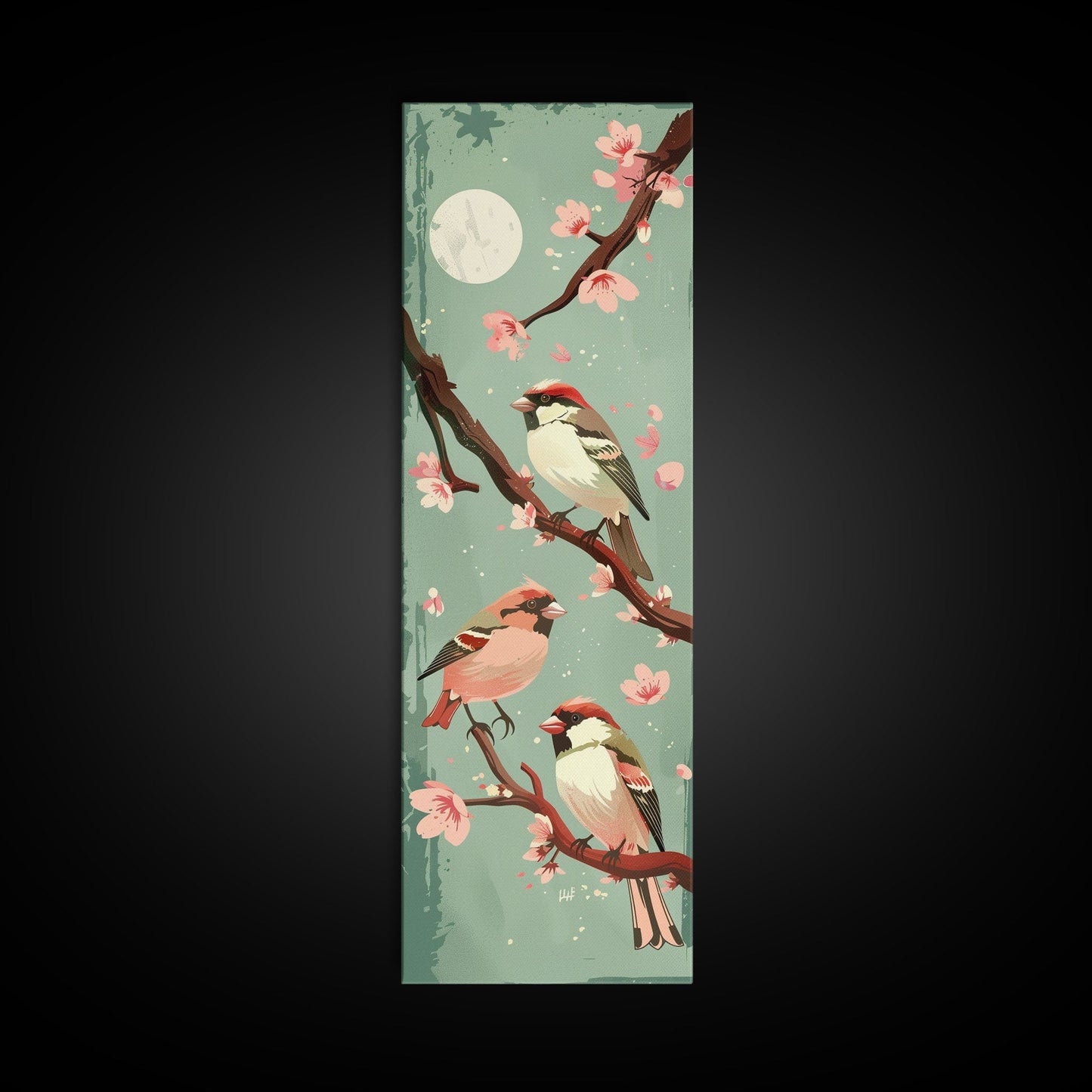 Delicate Sparrows Perched On Cherry Blossoms Under Full Moon Serene Nighttime Setting Captured Tall Framed Canvas Print Nature Scene