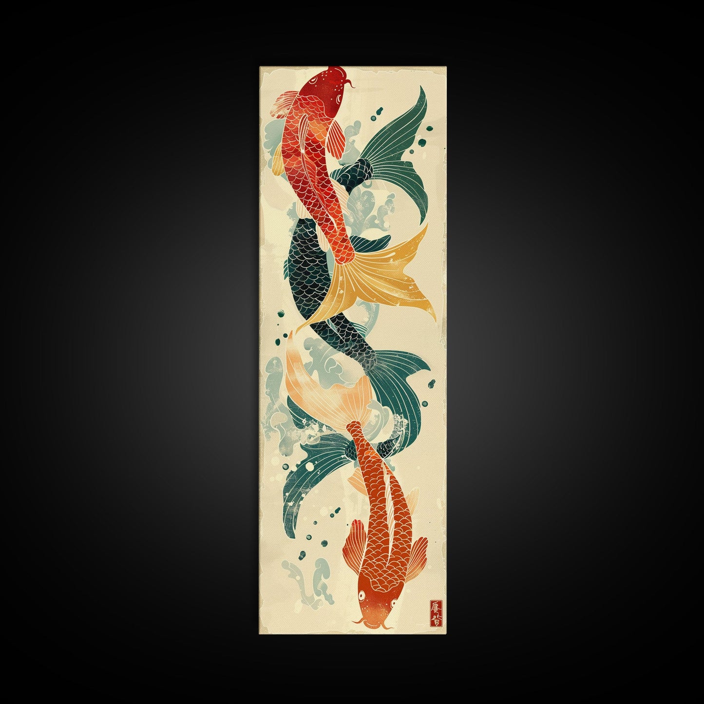 Ukiyo-e Art Of Two Koi Fish Intertwined In A Harmonious Composition, Skinny Art, Tall Art, Japanese Style Art, Wood Block Print, Framed Canvas Print