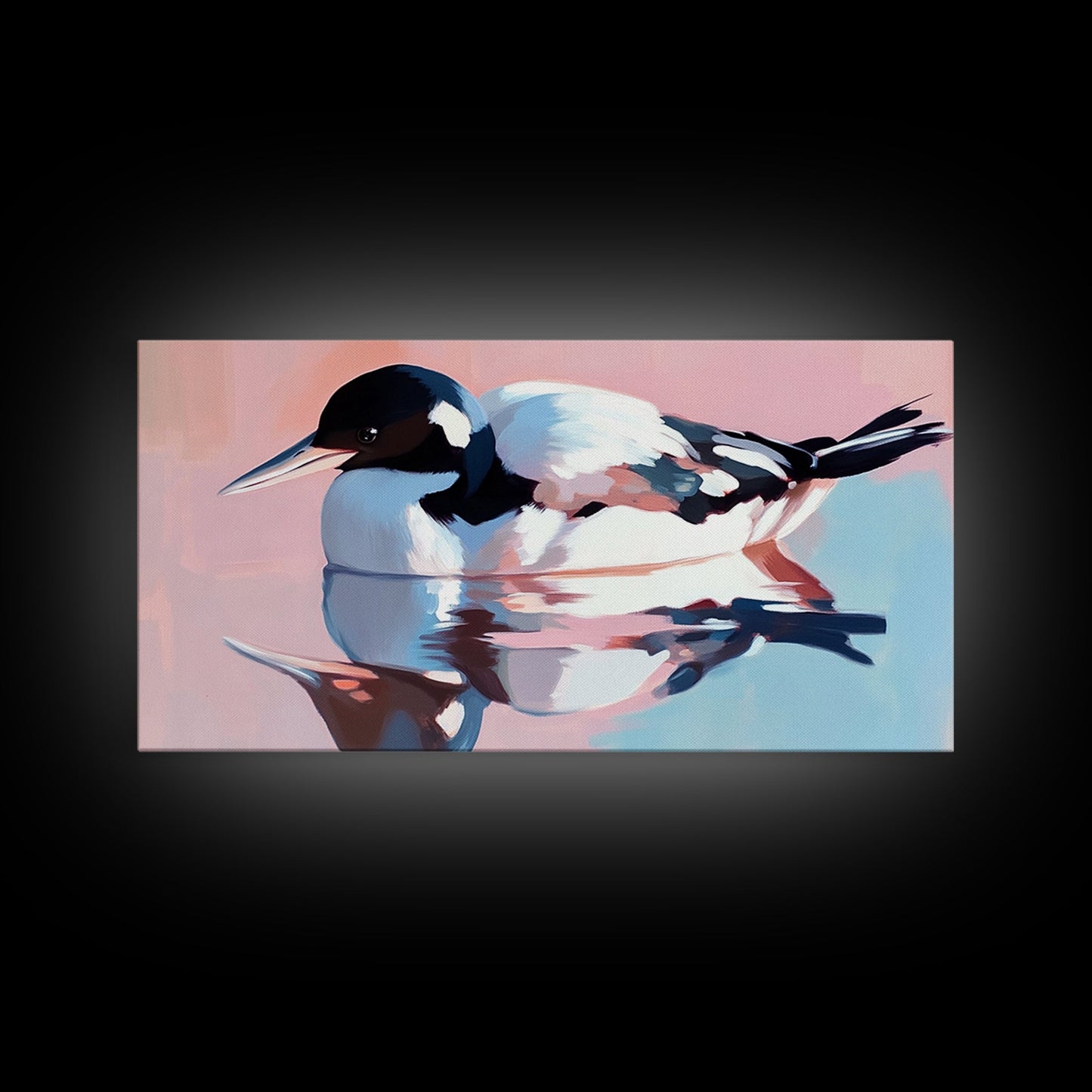 Waterfowl Reflection, bird art, lake Tahoe art, coastal painting, wildlife decor, pink orange wall art, framed canvas print