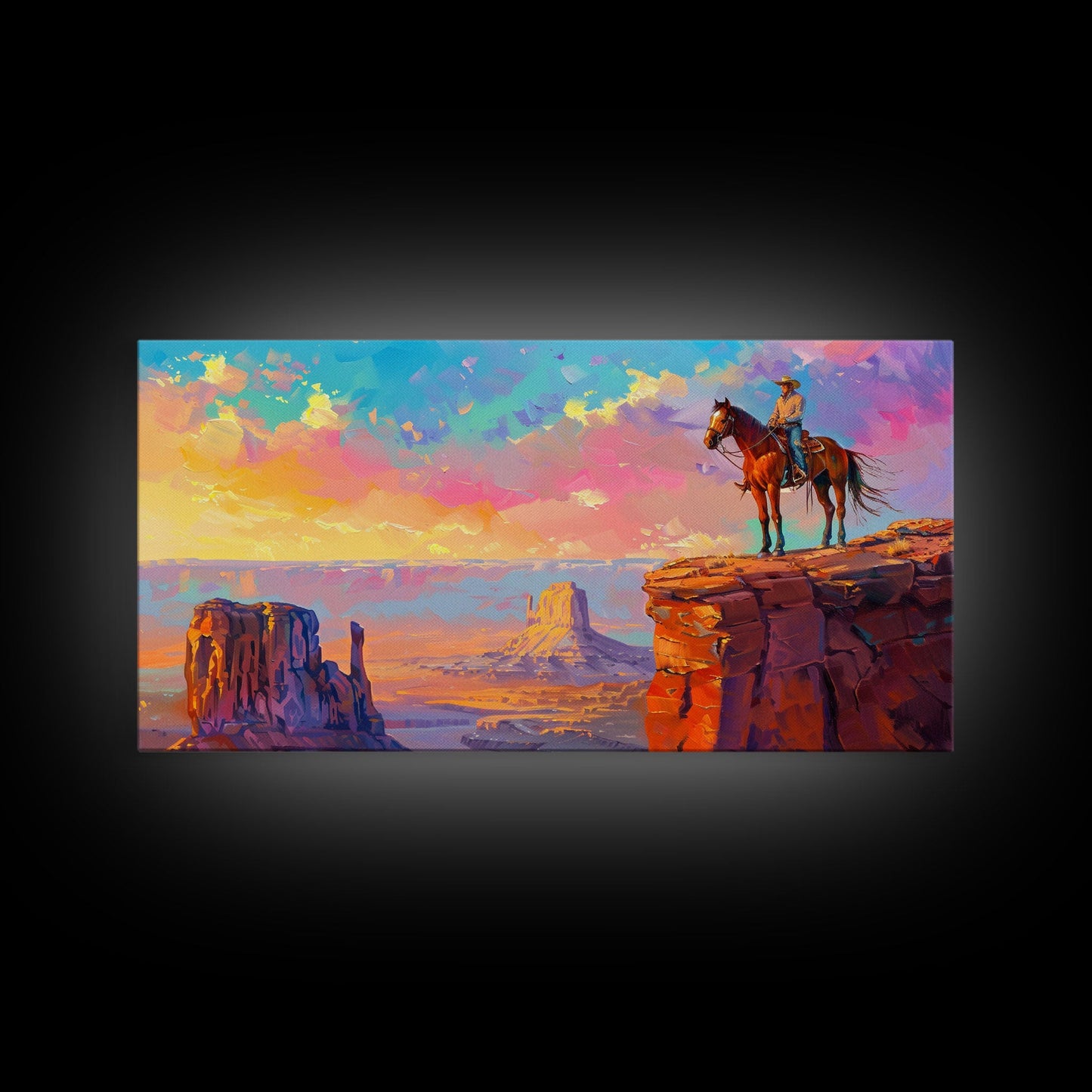 Cowboy Overlooking Monument Valley, Farmhouse Style Framed Canvas Print for Bedroom Wall Art, Rustic Home Decor, Scenic Western Landscape