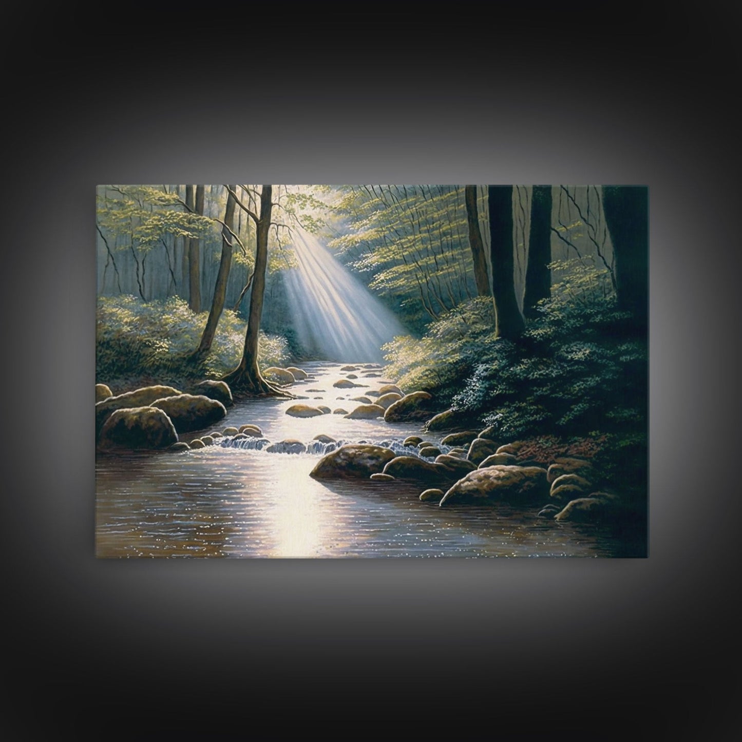 Colorful Watercolor Art, Framed Canvas Print, unique wall art, framed wall art, Landscape watercolor, Beams of Sunlight piercing the canopy