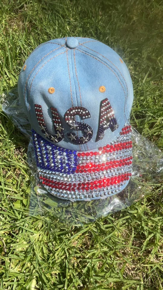American Flag Hat, Patriotic USA Bling Hat, Sparkling Rhinestone Denim Baseball Cap, Gift for Independence Day (sky blue)