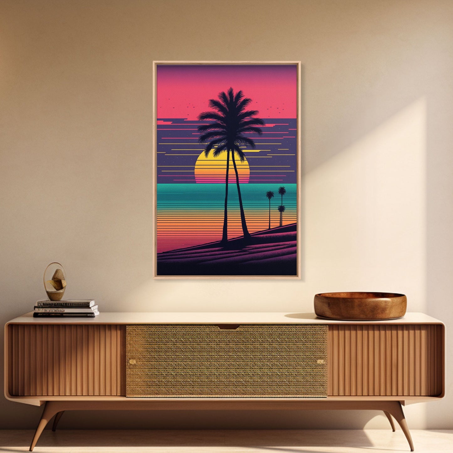 Synthwave Sunset, Retro Office Art, 80s Vibes, Framed Canvas Print, Framed Art, Trendy Wall Hanging