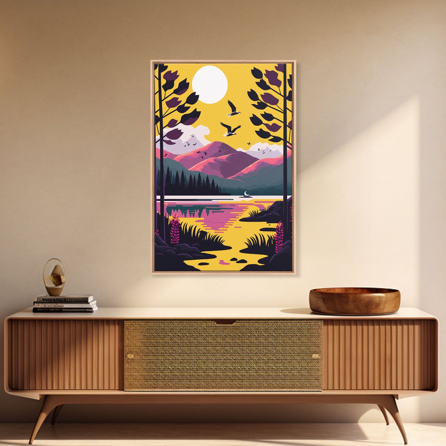 Colorful Pop Art Picture of a Mountain and Forest Landscape, Framed Canvas Print, Surrealist High Contrast Cel Shaded Landscape Art
