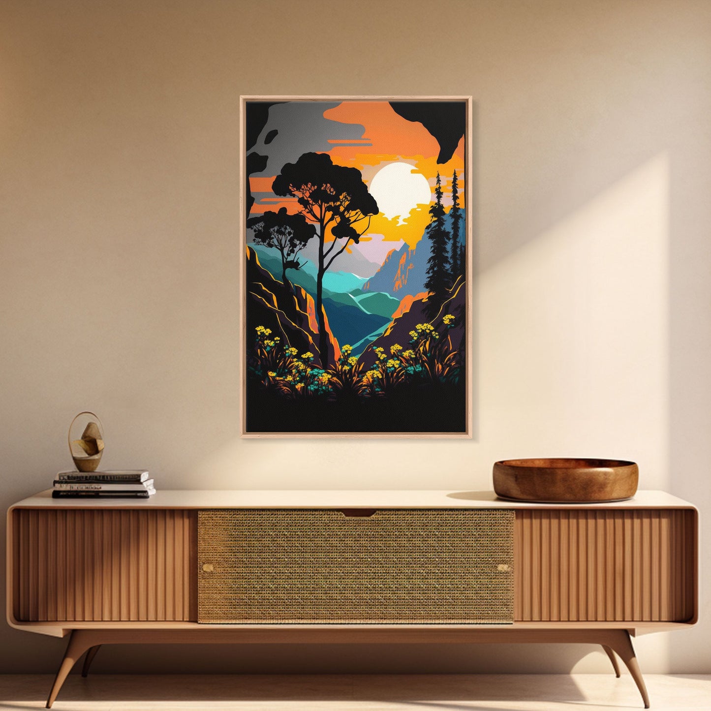 Colorful Pop Art Picture of a Mountain and Forest Landscape, Framed Canvas Print, Surrealist High Contrast Cel Shaded Landscape Art