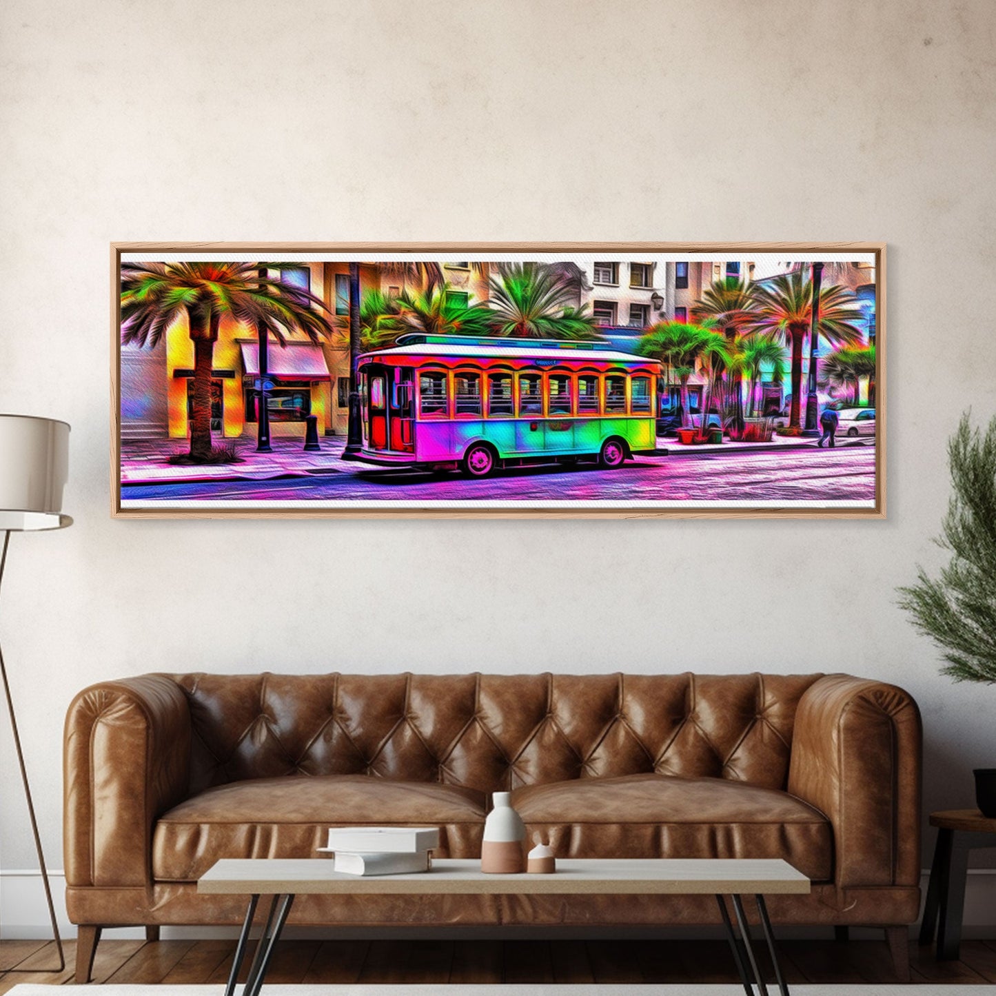 Colorful Vibrant Tram Wall Art, Palm Trees Art Print, Colored Pencil Sketch, Framed Canvas, Abstract Art, Panoramic, Wall Art, Canvas Print