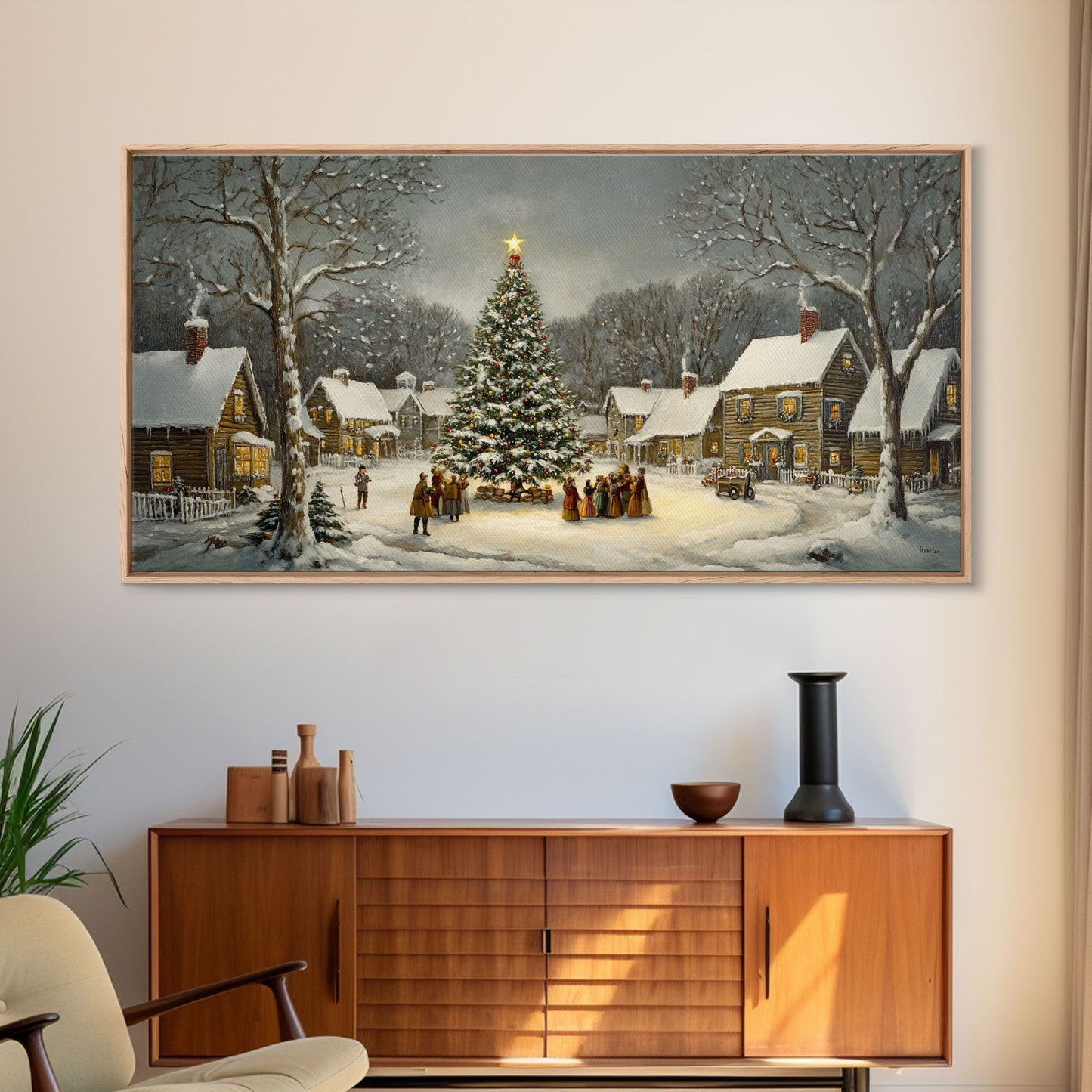Large Christmas Tree In Snowy Village With Families, Winter Wonderland Holiday Wall Art, Framed Canvas Print, Rustic Christmas Decor
