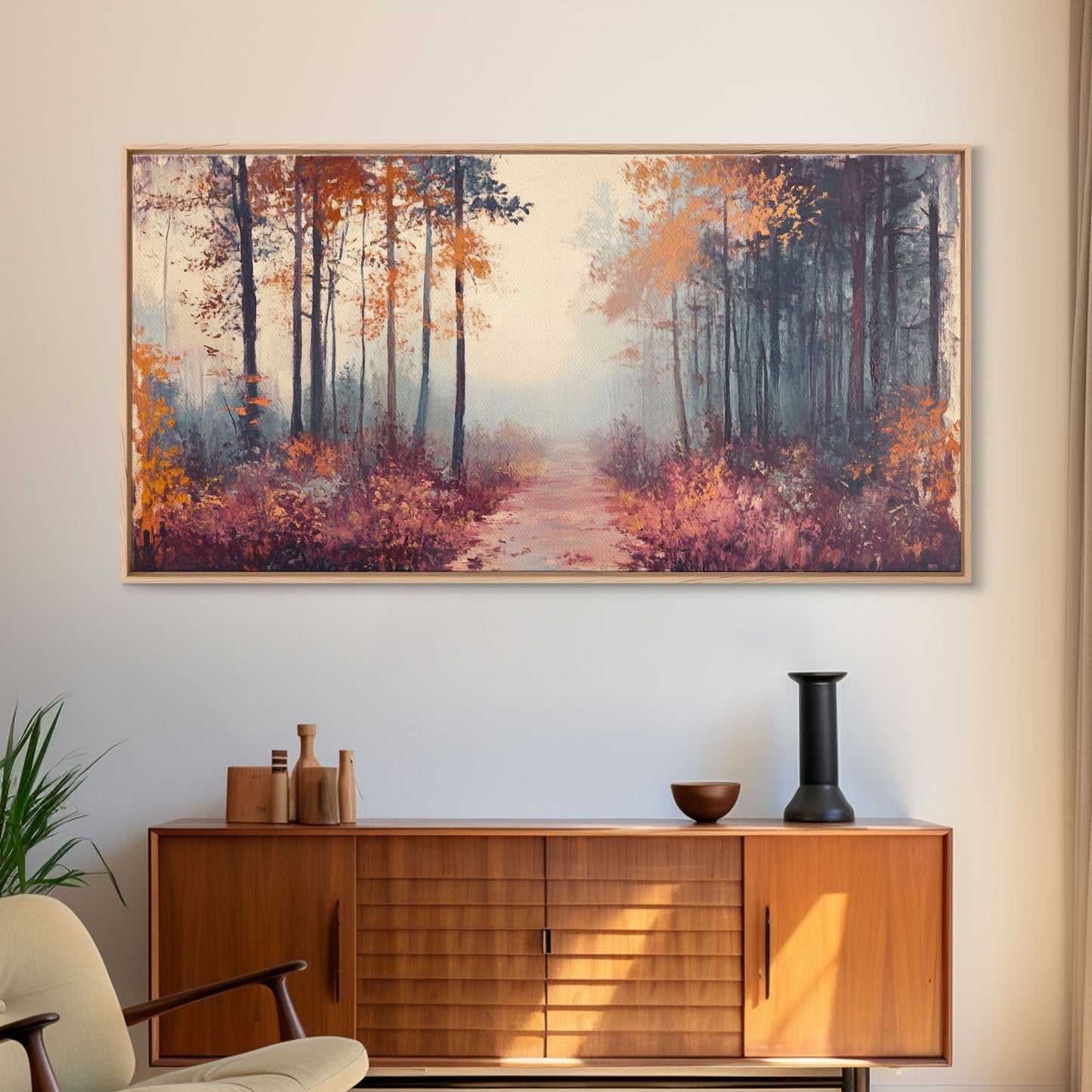 Misty Autumn Woods Framed Canvas Print, Moody Fall Pathway Art, Fall Home Decor, Modern Farmhouse Seasonal Wall Art, Holiday Gift Idea