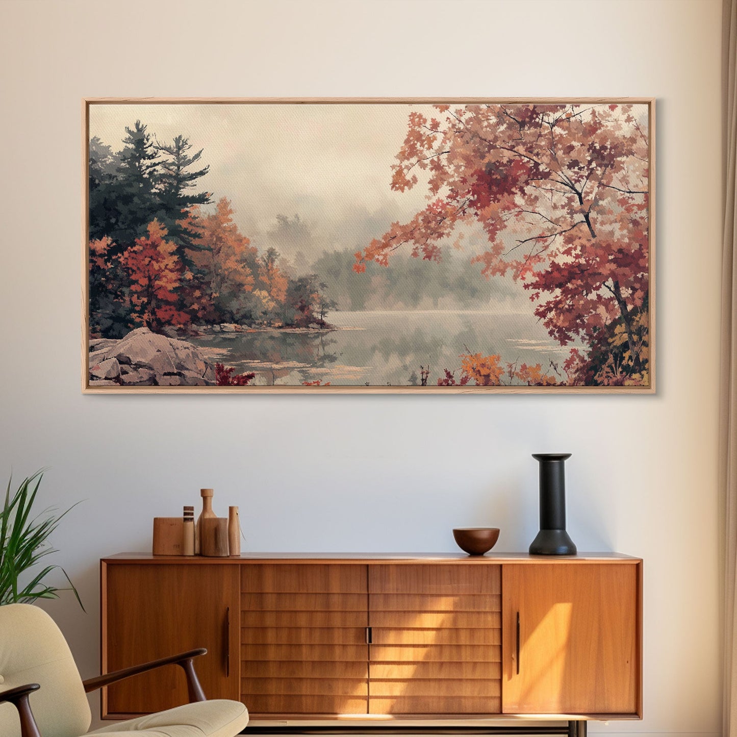 Misty Lake and Autumn Trees Framed Canvas Print, Tranquil Landscape Art, Fall Nature Scene Wall Art, Seasonal Fall Decor, Gallery Wall