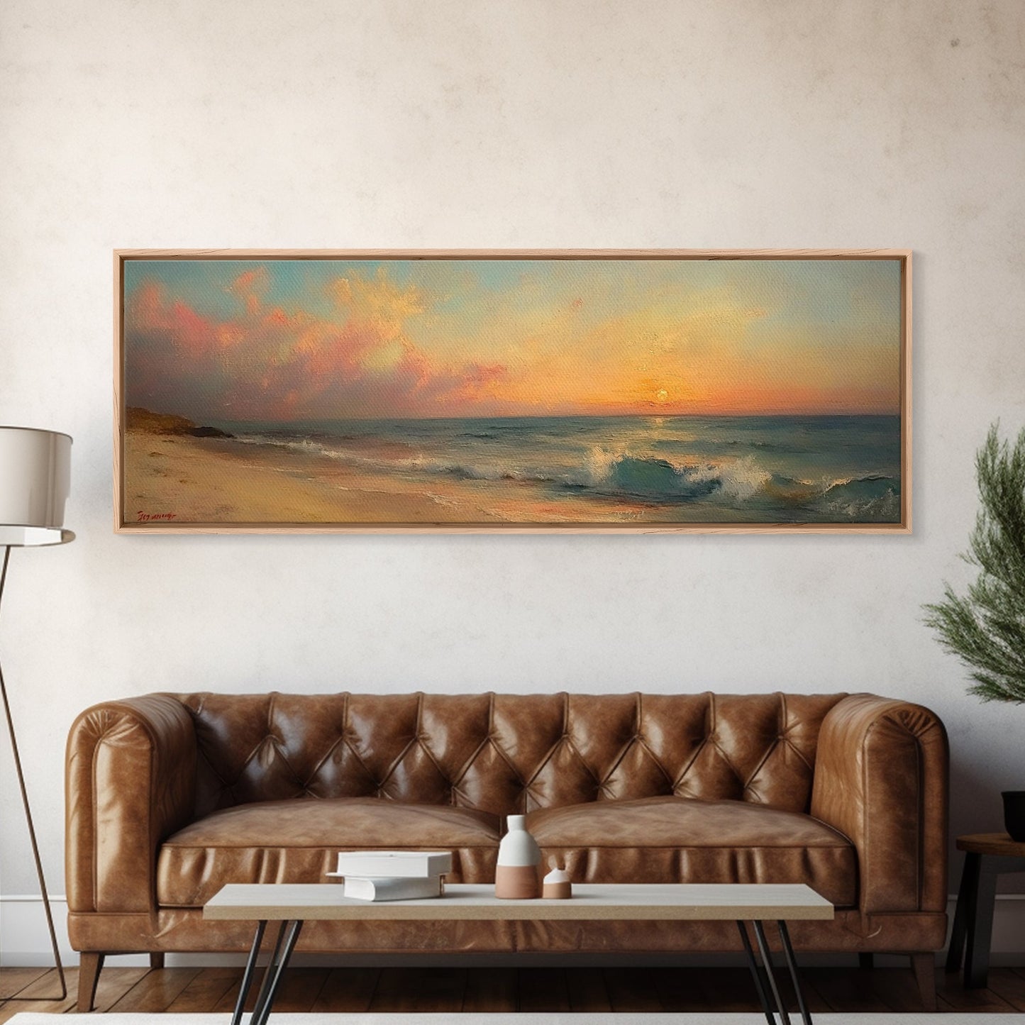 Ocean Waves Crash Into a Hidden Beach at Sunset, Framed Canvas Print, Panoramic Boho Seascape Painting