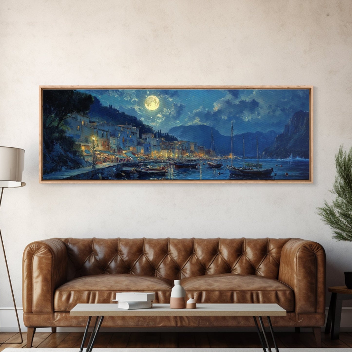 Midnight in Portofino - Full Moon - Italian Oil Painting Canvas Print - Whimsical / Eclectic Landscape Painting - Minimalist Boho Home Decor