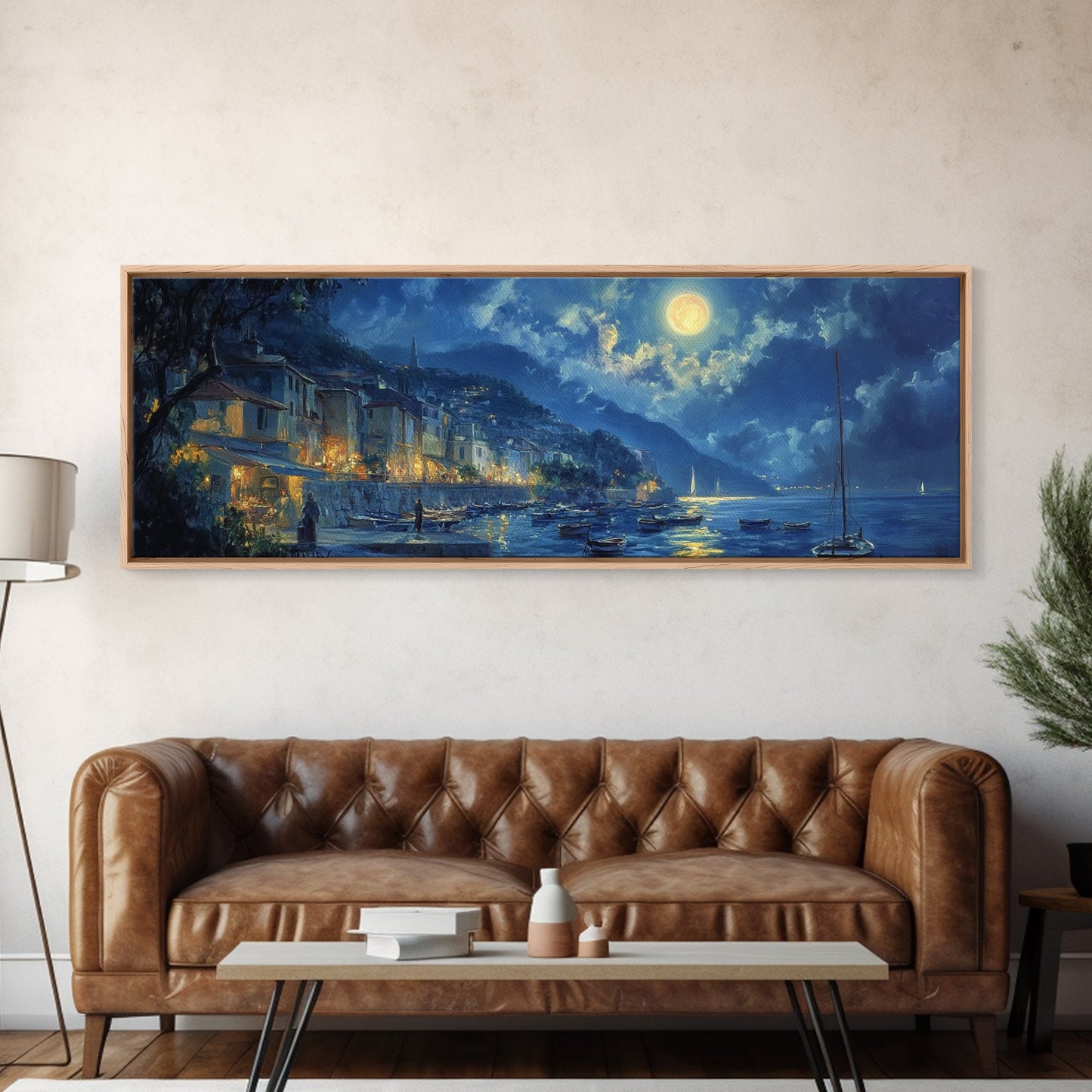 Italian Fishing Village at Midnight Under a Full Moon, Framed Canvas Print, Panoramic Wall Art, Eclectic Boho Home Decor, Wide Oversized Wall Art