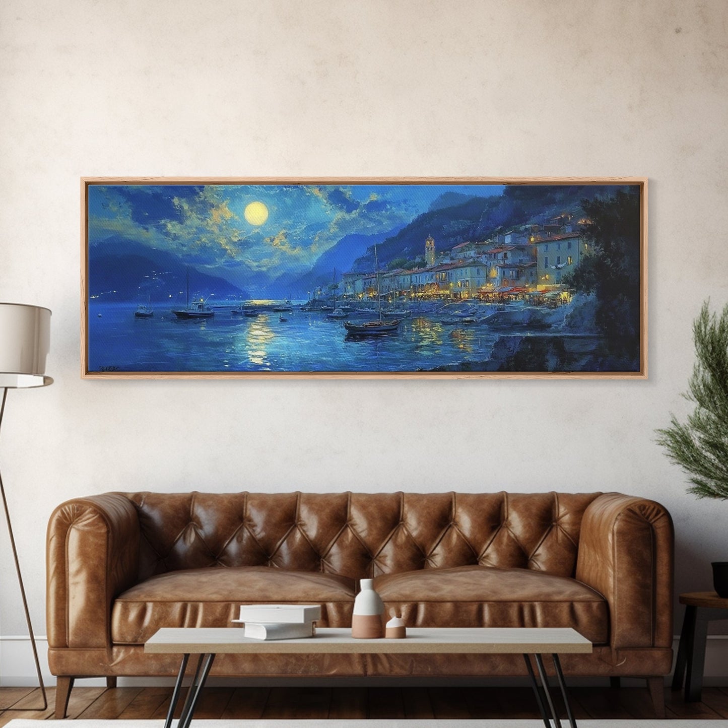 Midnight in Italy - Full Moon - Italian Oil Painting Canvas Print - Whimsical / Eclectic Landscape Painting - Minimalist Boho Home Decor
