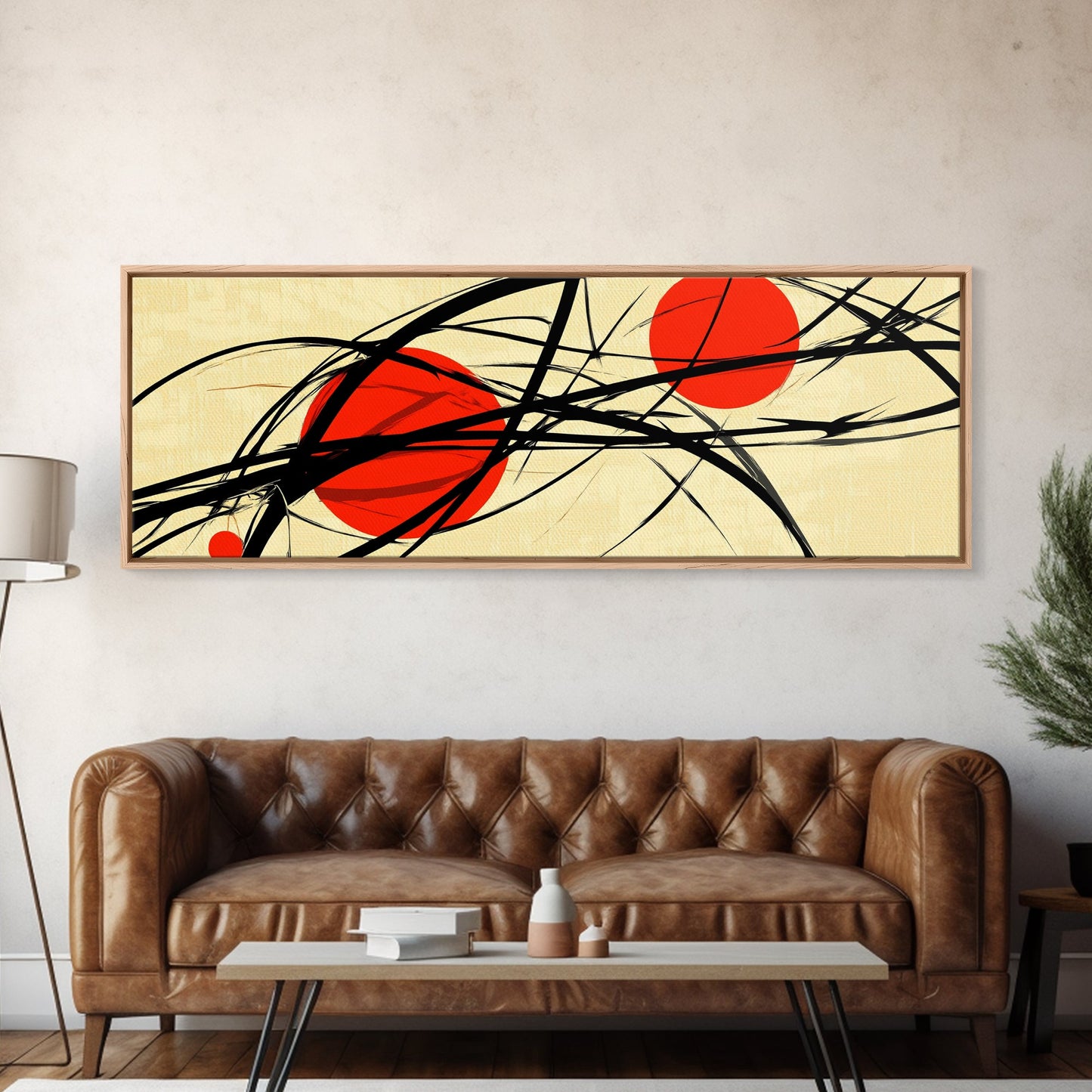 Sun Streaks - 3 Red Suns with Black Streams, Framed Canvas Print, MCM Style Geometric Abstract Wall Art