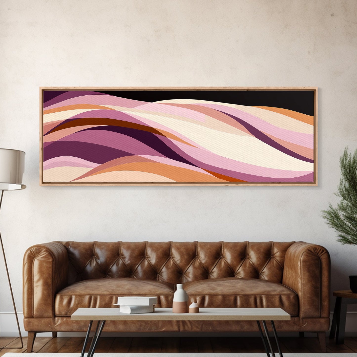 Lavender and Lilac Ocean Waves - MCM Style Modern Art, Retro Abstract Panoramic Print, Wood Framed Art, Modern Home Decor