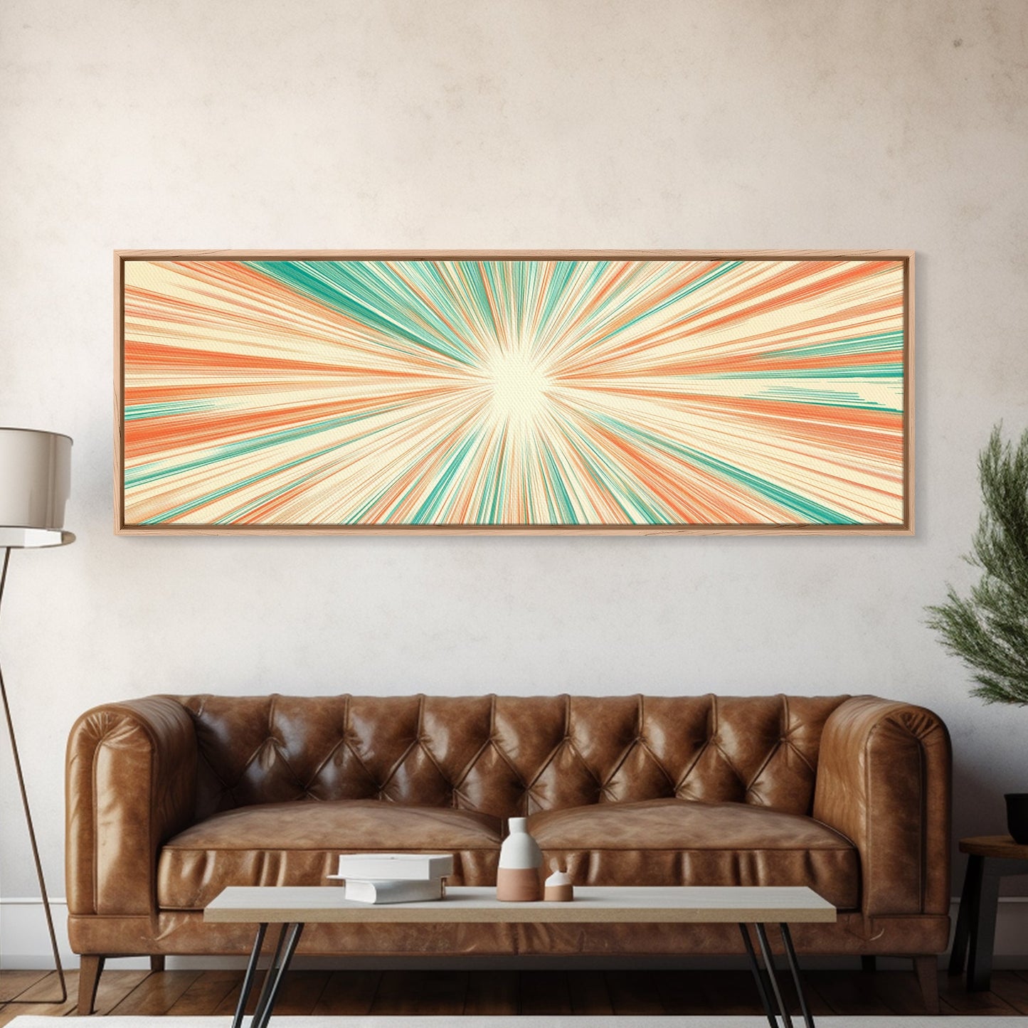 Mid Centery Modern Canvas Print - Framed MCM Style Wall Art, Orange and Green Star Burst - Art Deco Modern Art - Above Sofa Decor