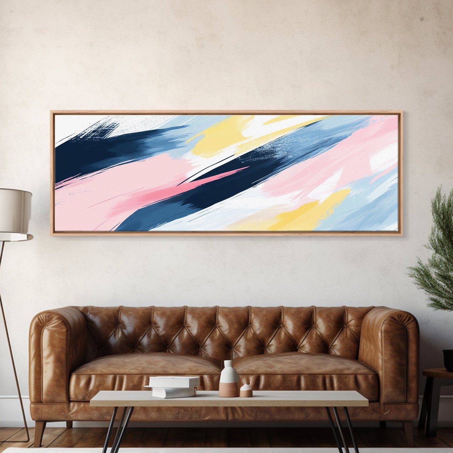 Pastel Abstract Brush Strokes Painting Print, Framed Canvas Art, Panoramic Extra Wide Office Decor, Living Room Or Bedroom Oversized Art
