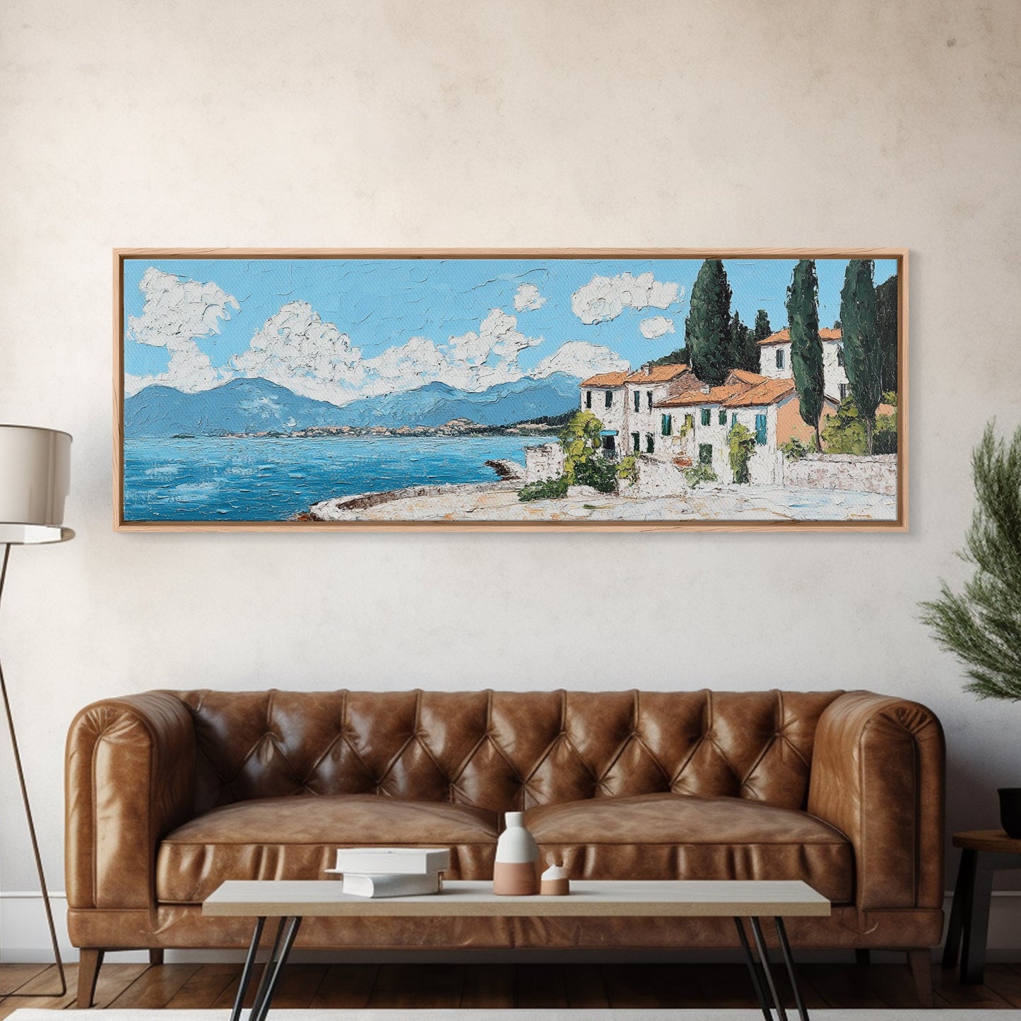 Impressionist Painting of an Italian Seaside Villa, Framed Canvas Print, Italy Village Decor, Ulta Wide Panoramic Landscape Painting