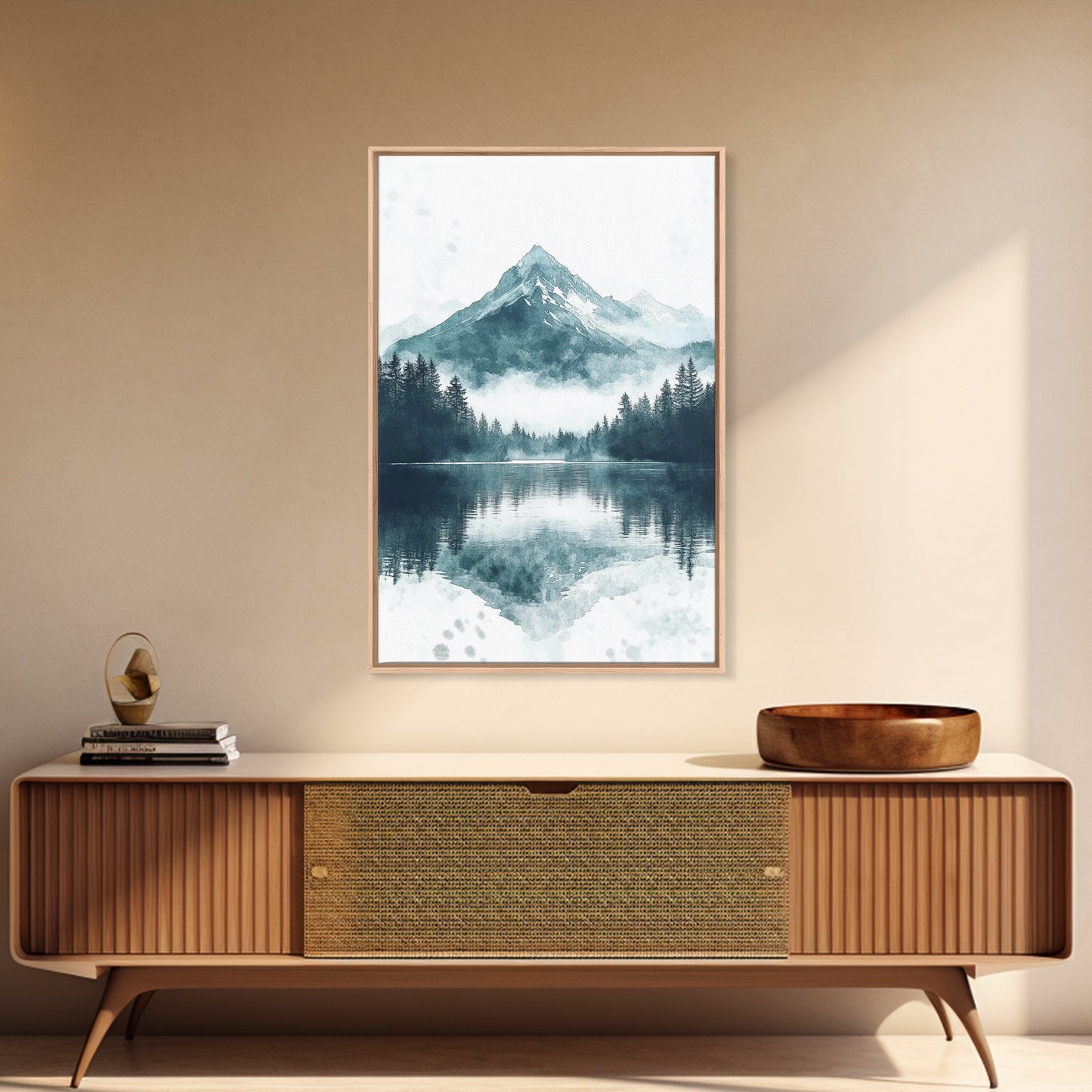 Fog In The Mountains, Framed Canvas Print, Pacific Northwest, Cascade Mountains, Emerald Green Landscape Painting, Boho Decor