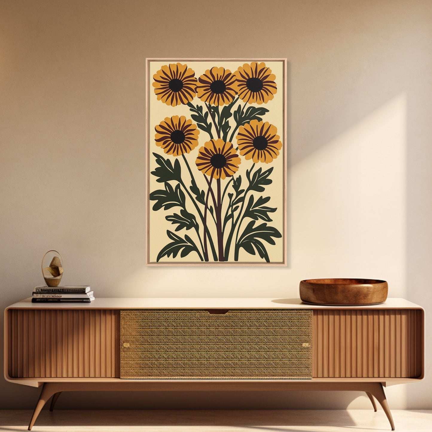 Cute Framed Canvas Wall Art Flower Print, Wild Flowers on Cream Background, Modern Home Decor, Boho Minimalist Wall Art