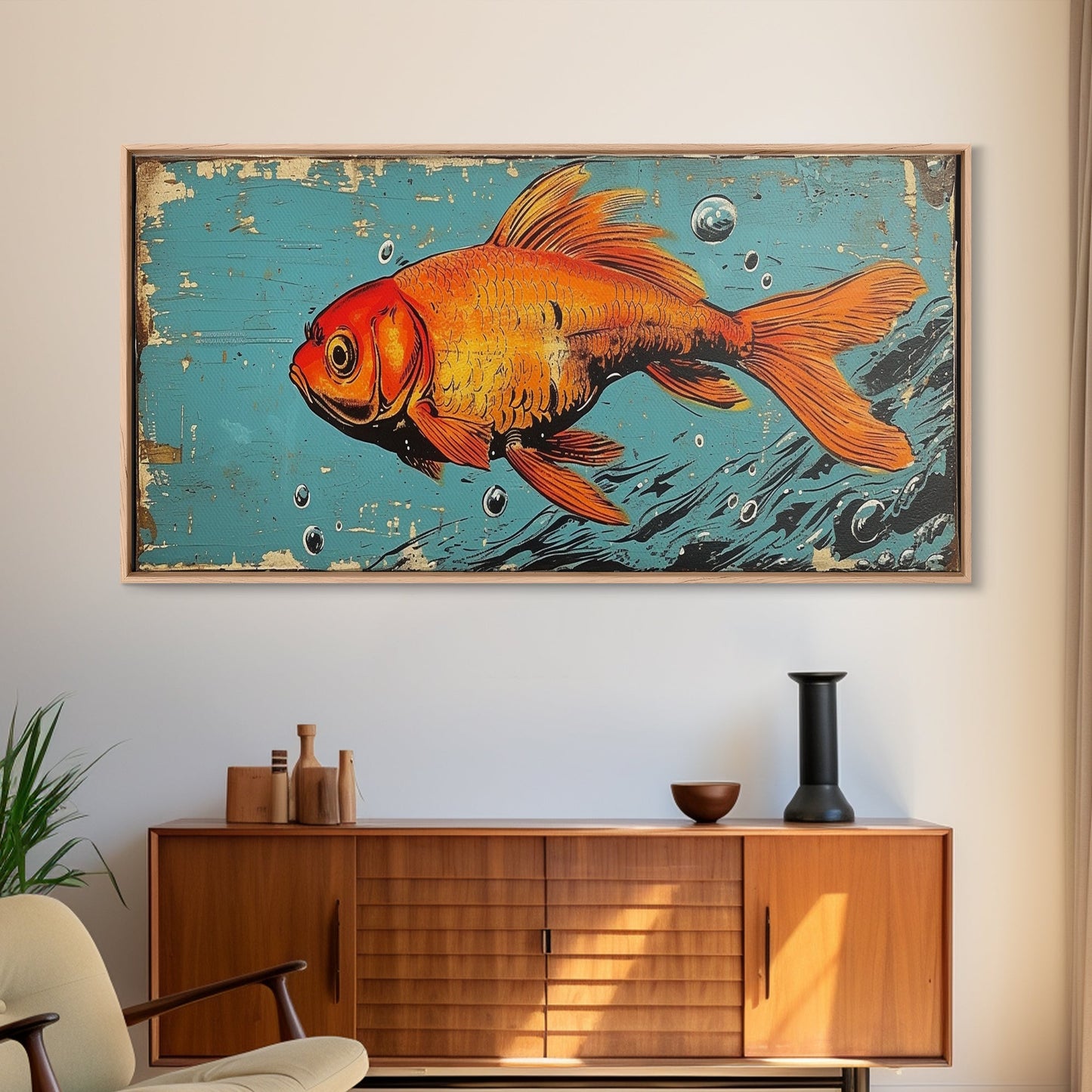 Retro 80s Style Painting of a Gold Fish, Framed Canvas Print, Home Decor Gift Artwork, Fish Painting, Fish Art