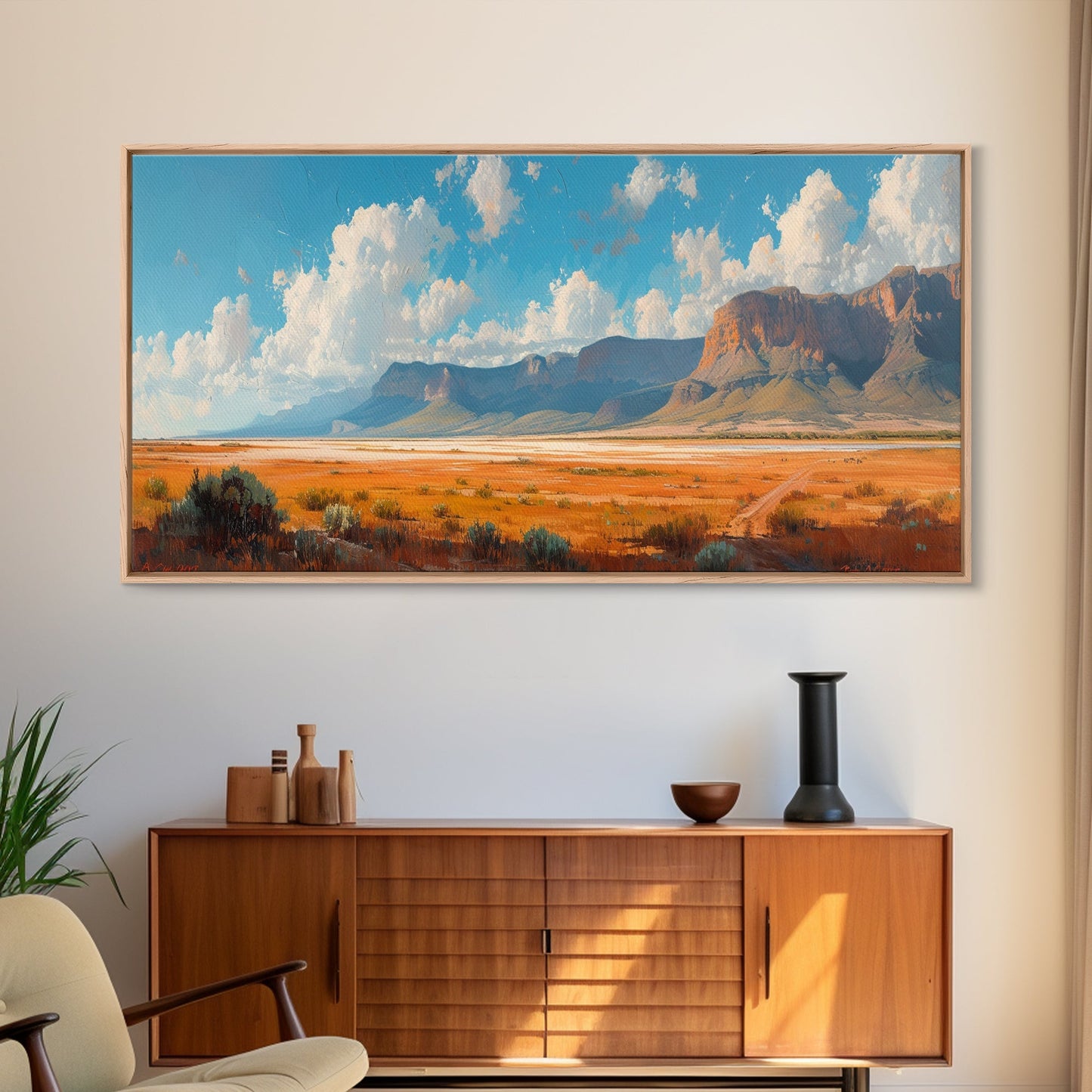 Panoramic Landscape Print Of an Arizona Desert Landscape, Framed Canvas, Rustic Farmhouse Decor, Nature Print, Minimalist Landscape Painting