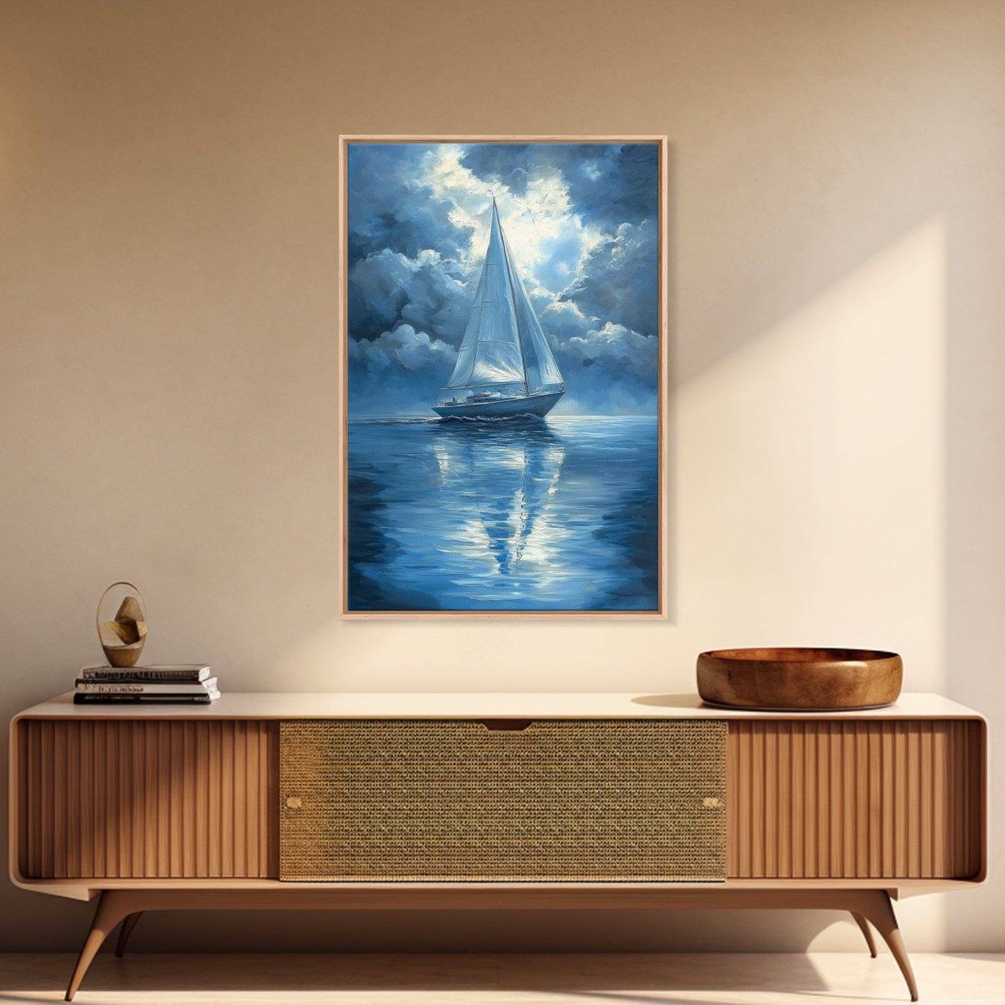Reflections of a Sail Boat under a Full Moon Framed Canvas Print, Nautical Decor, Sail Boat Oil painting, Sailboat Painting, Nautical Home Decor