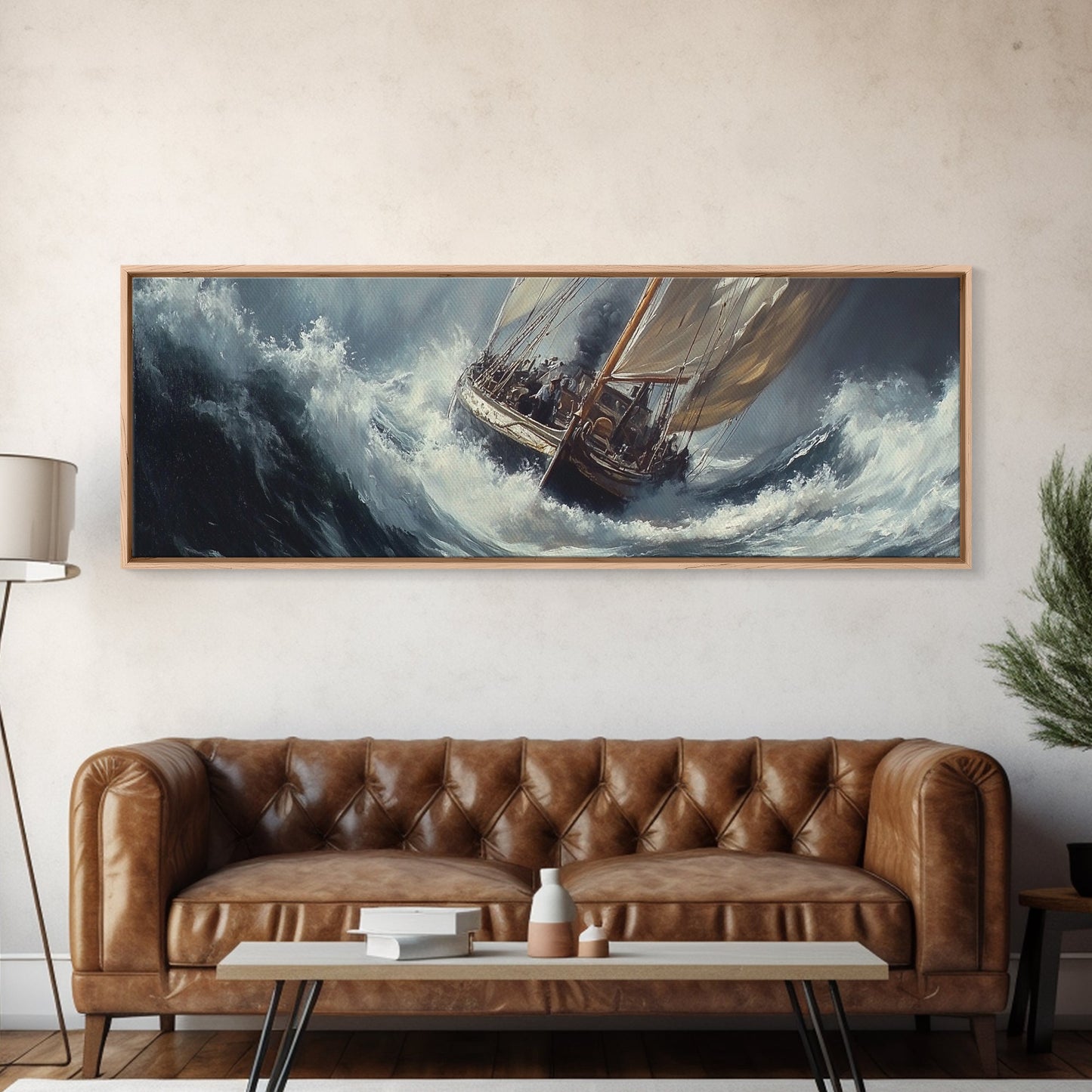 The Storm and the Sailboat Framed Canvas Print - Sailboat Painting - Nautical Decor - Hurricane Painting - Nautical Sailboat Landscape Painting