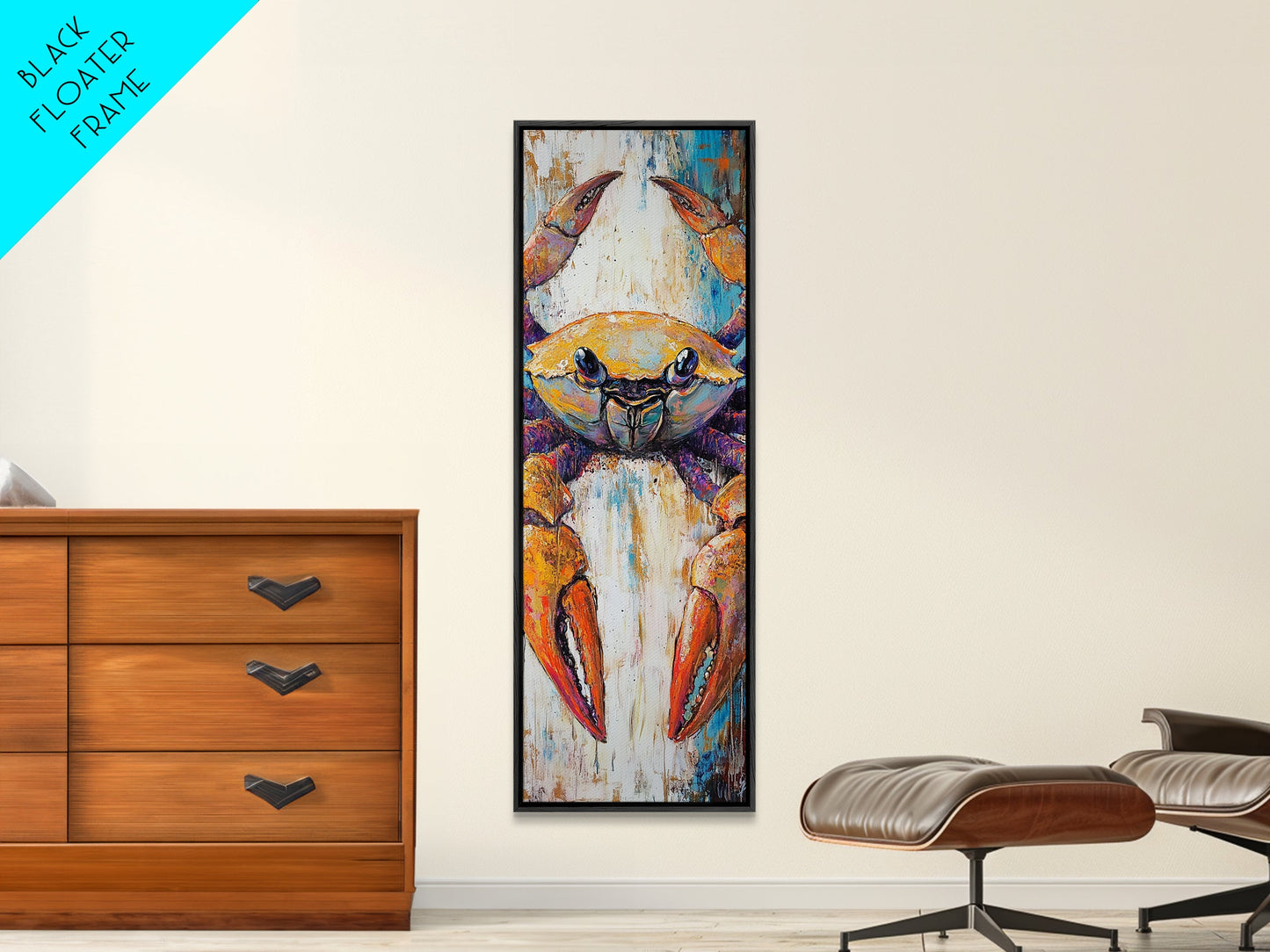 Colorful crab, coastal cowgirl wall art, crayfish painting, nautical wall art, framed canvas print, tall skinny art, rustic décor